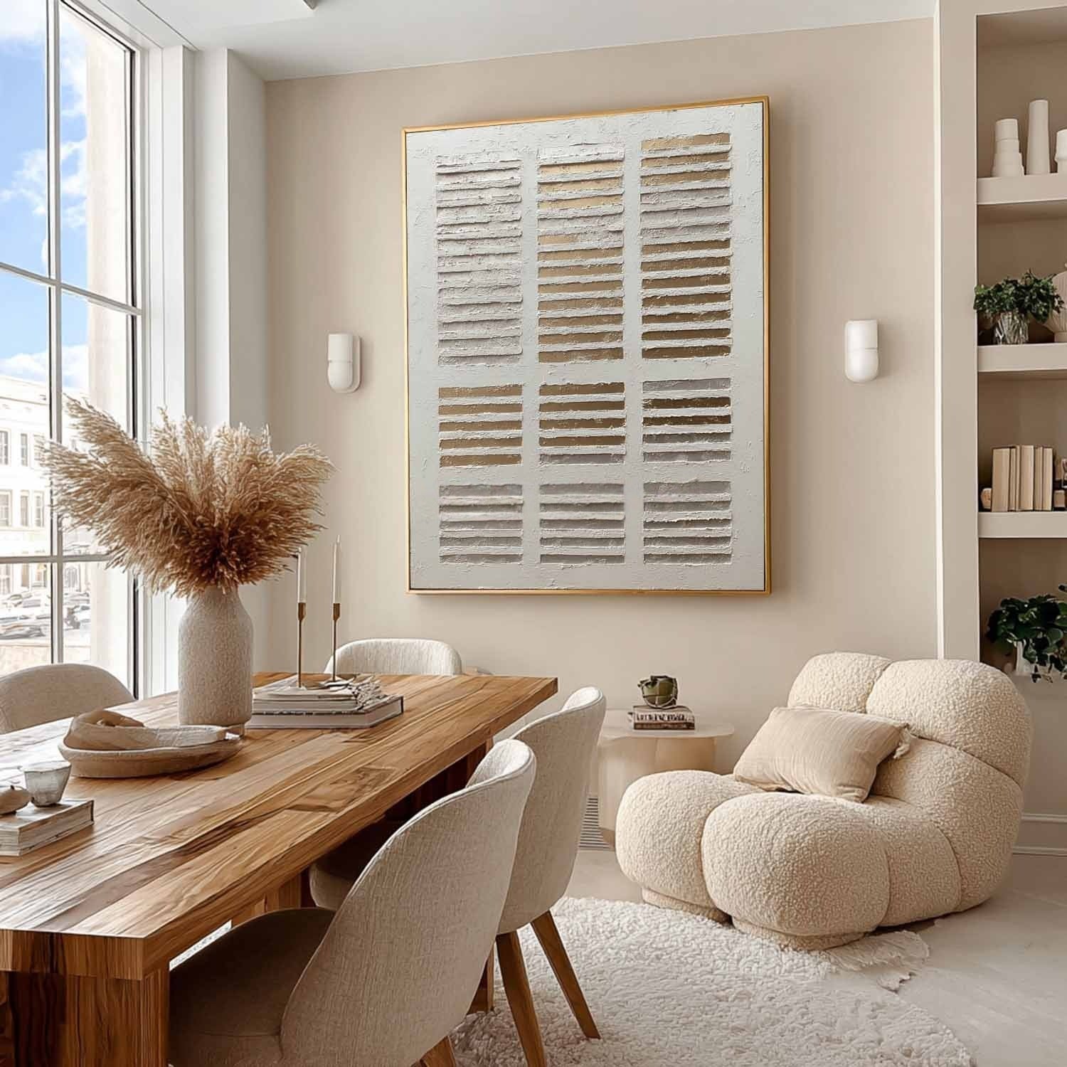 Wall Art Minimalist Grid Beige Gold Textured - Neutralighting