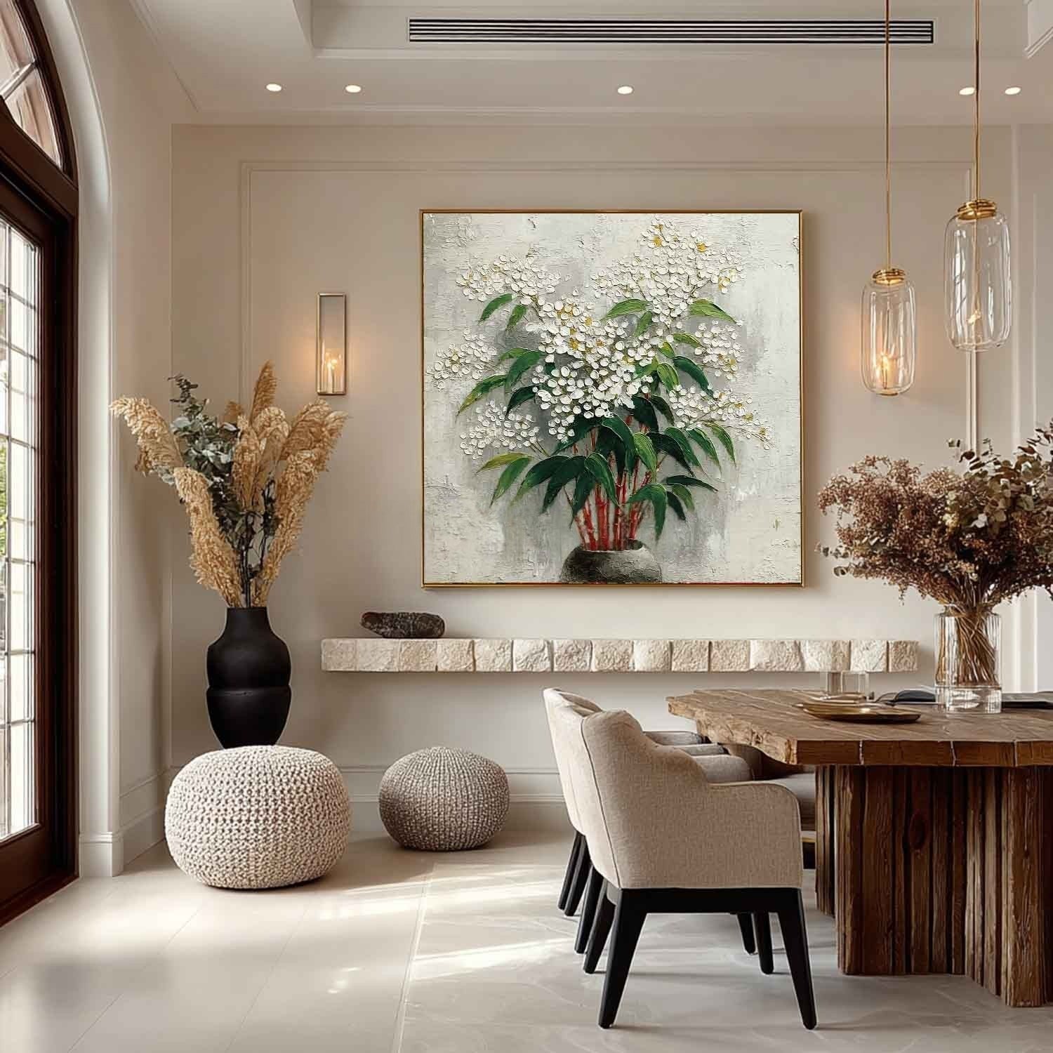 White Blossoms Red Stems Impasto Painting - Neutralighting