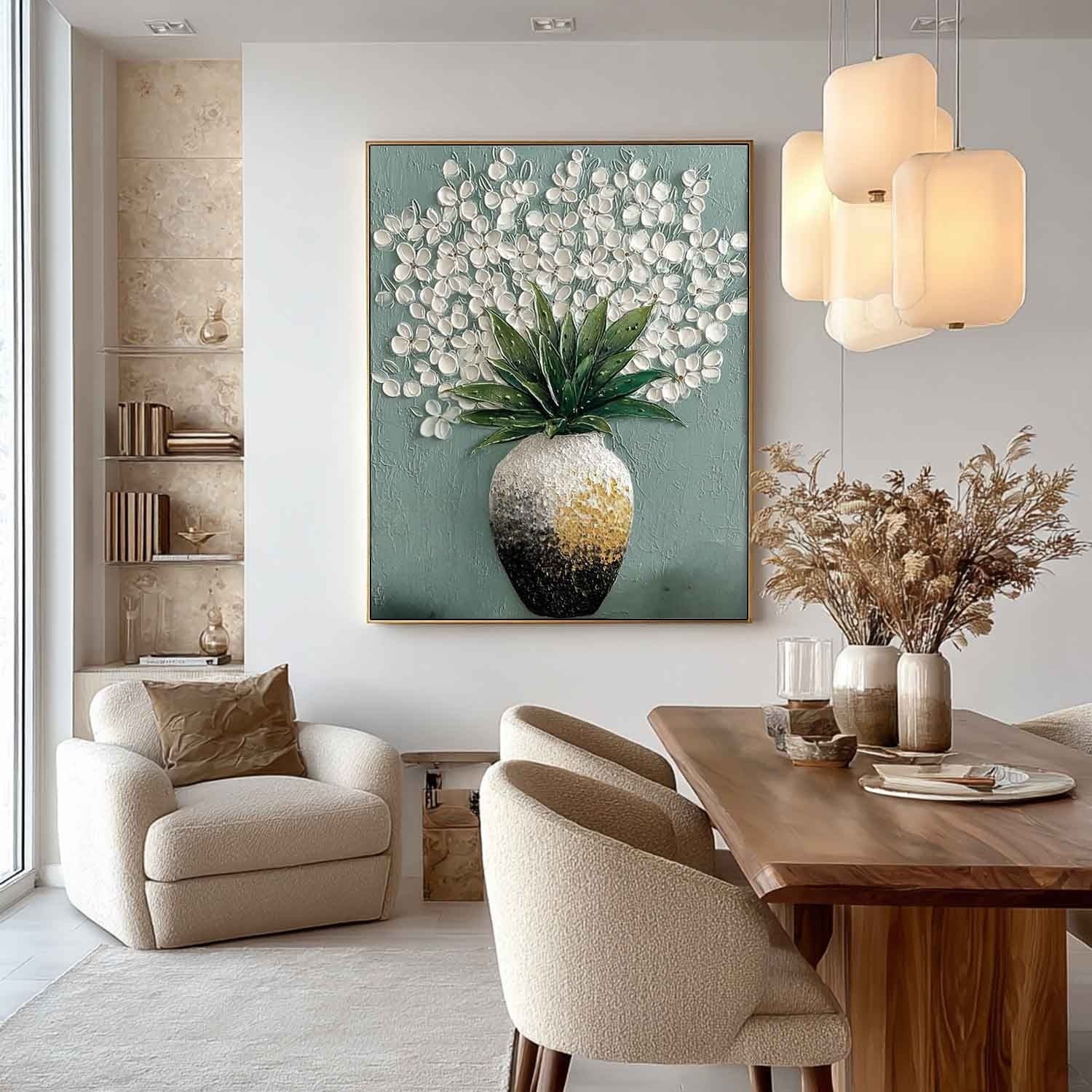 White Blossoms Ombre Vase Impasto Painting - Neutralighting