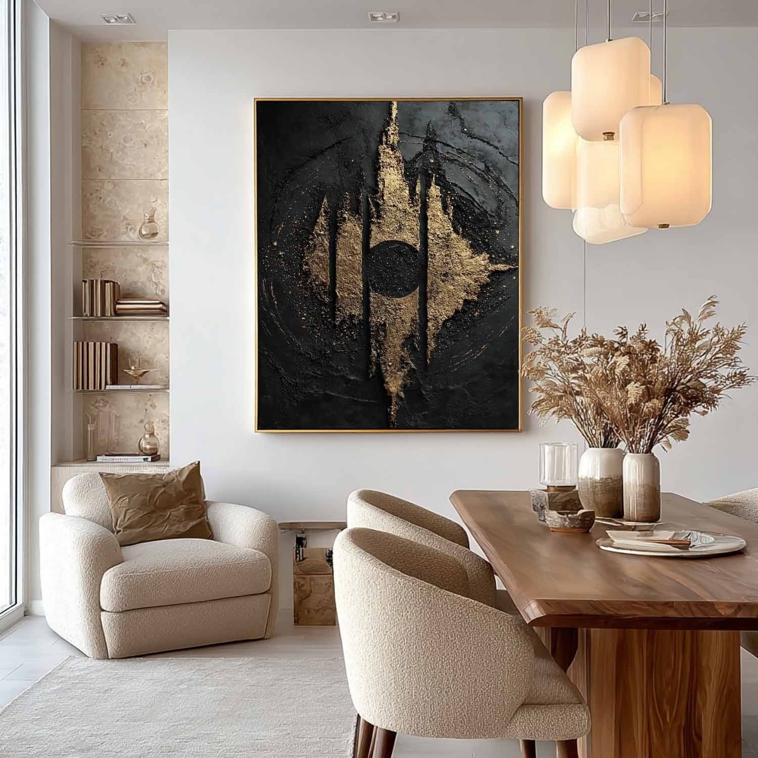 Wall Art Abstract Black Gold Modern Palette Knife - Neutralighting