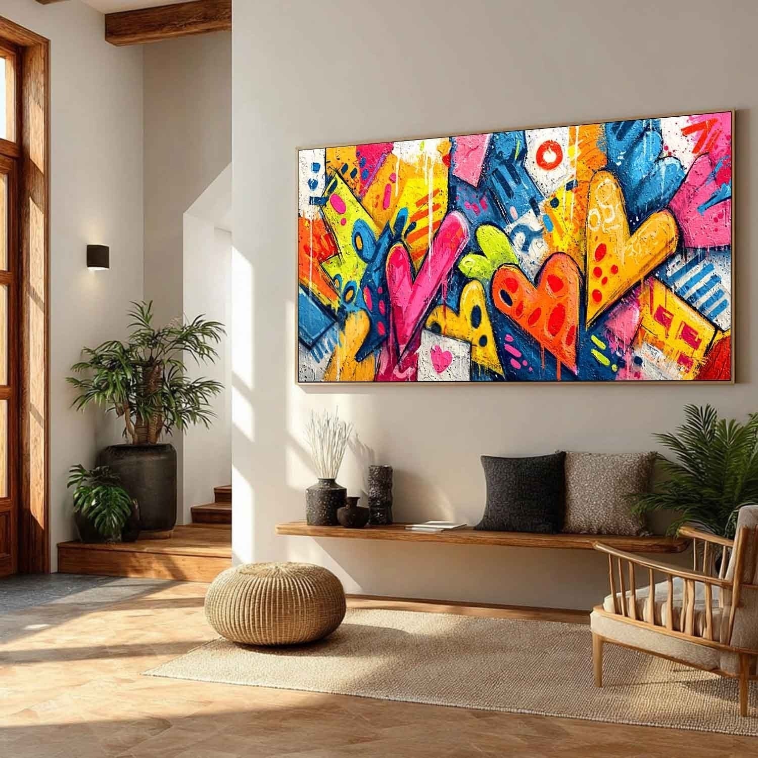 Wide Format Graffiti Love Hearts Impasto Painting - Neutralighting