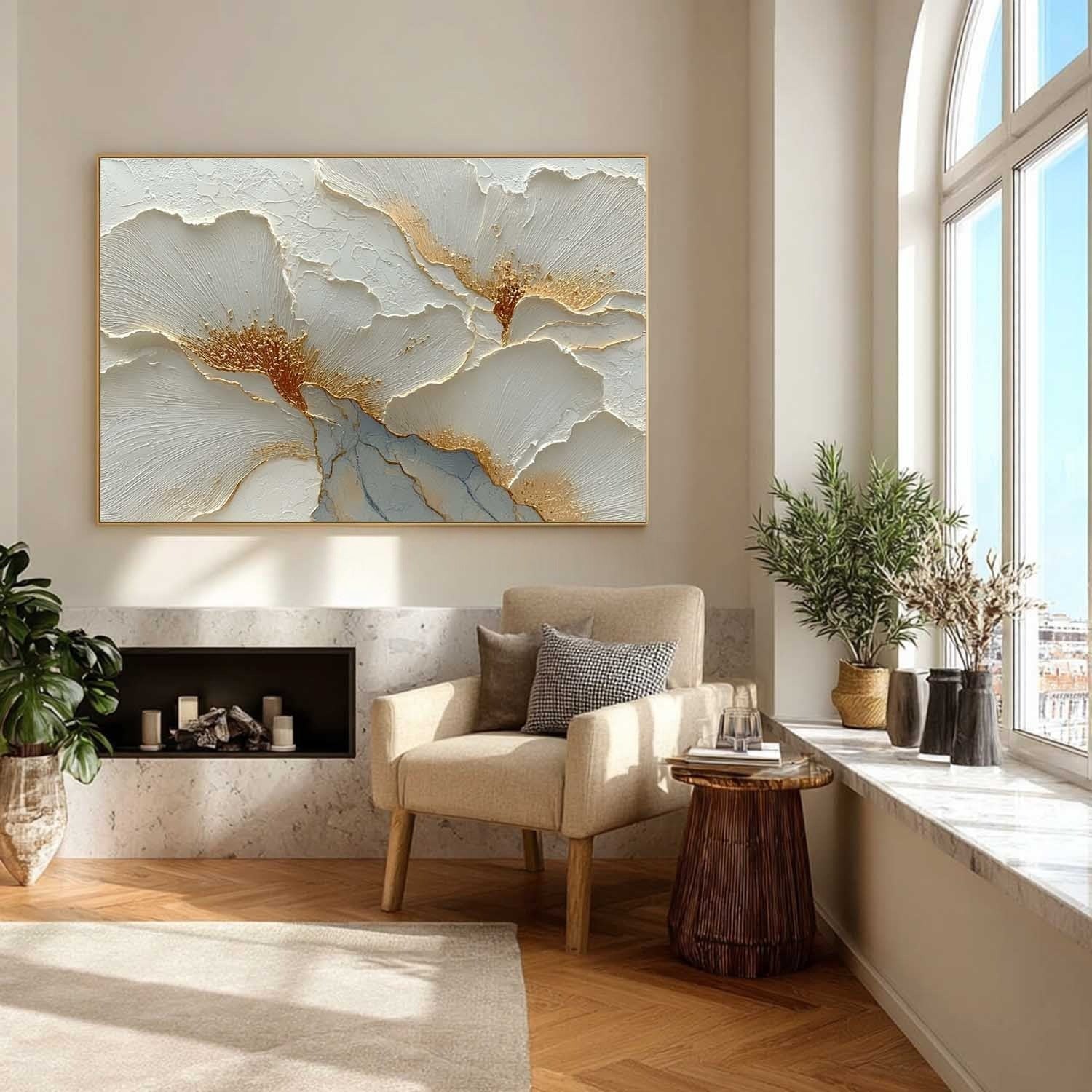 Luxury White & Gold Floral Impasto Painting - Neutralighting