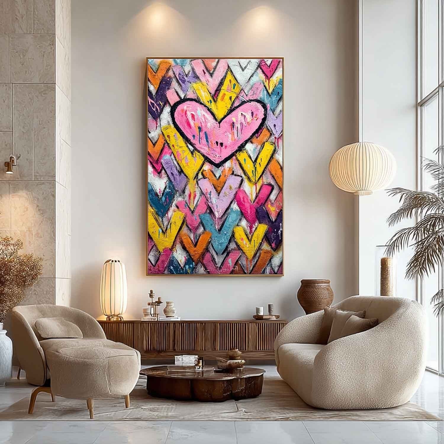 Wall Art Pop Art Pink Heart Colorful Chevron - Neutralighting