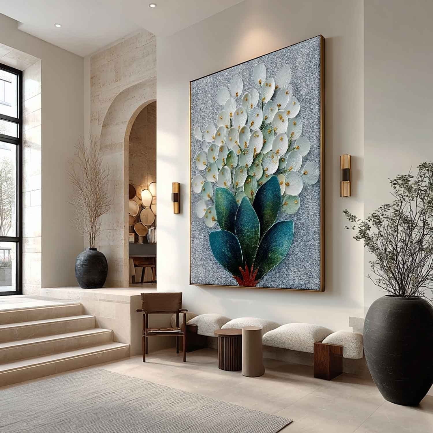 3D White Floral Bouquet Textured Painting - Neutralighting