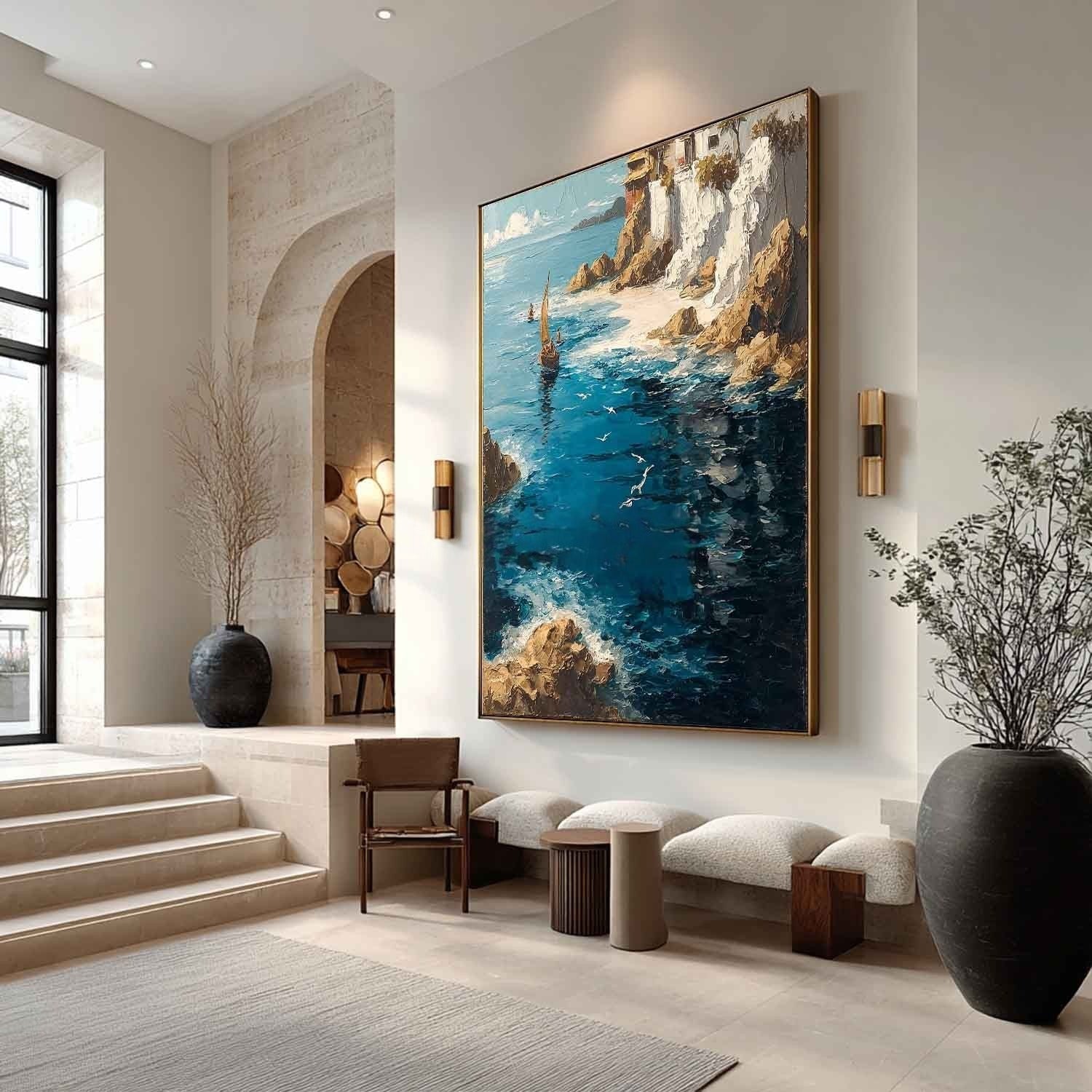 Wall Art Mediterranean Coastal Village Sailboat - Neutralighting
