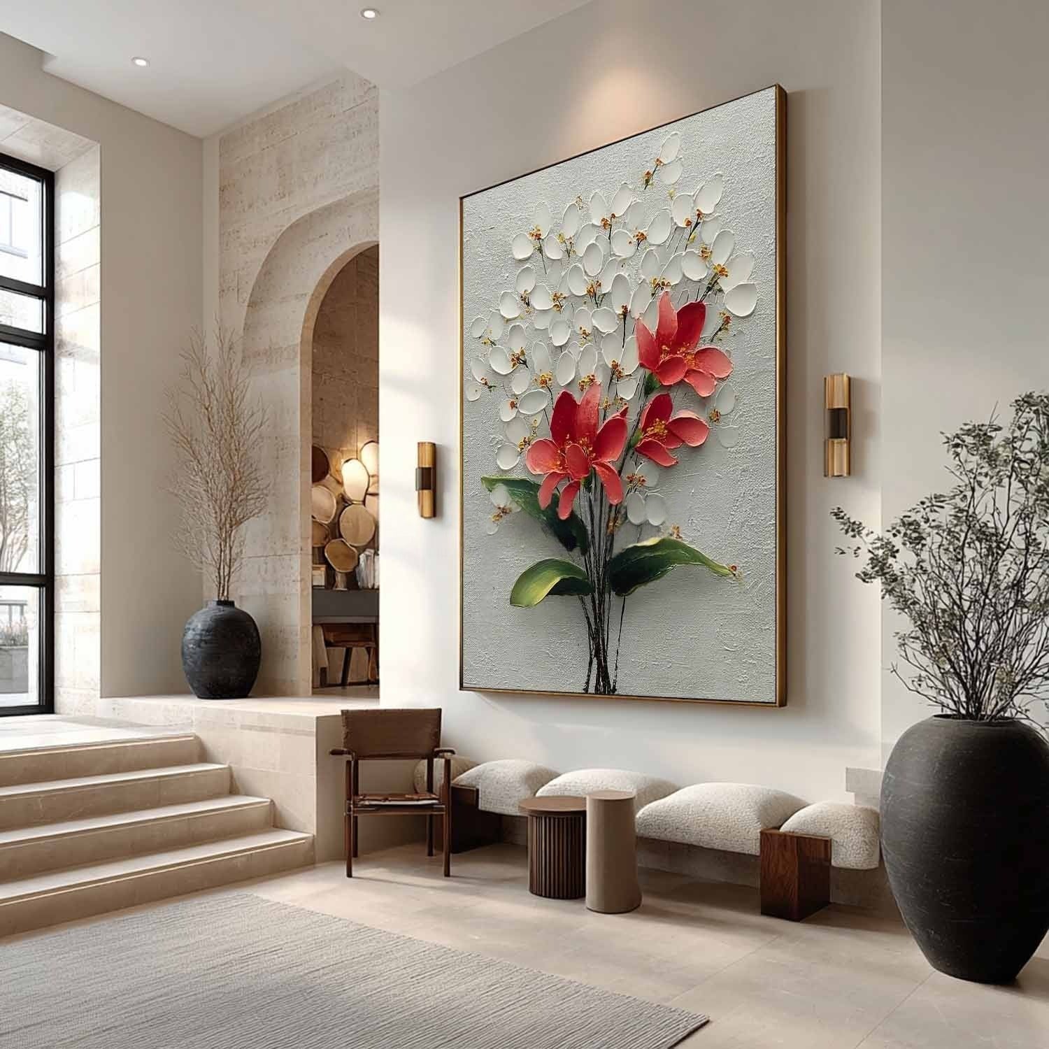 White Blossoms Red 3D Textured Painting - Neutralighting