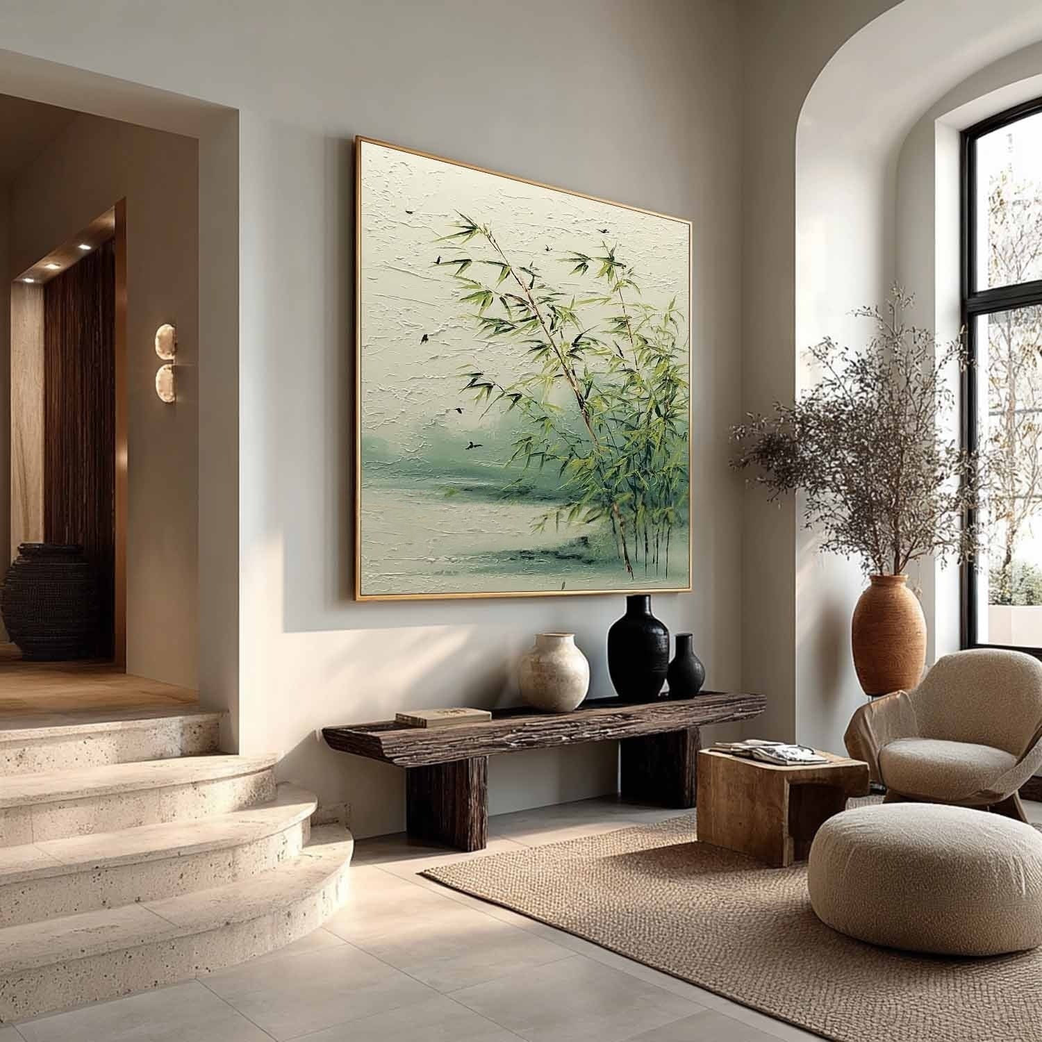 Tranquil Lakeside Bamboo 3D Impasto Painting - Neutralighting