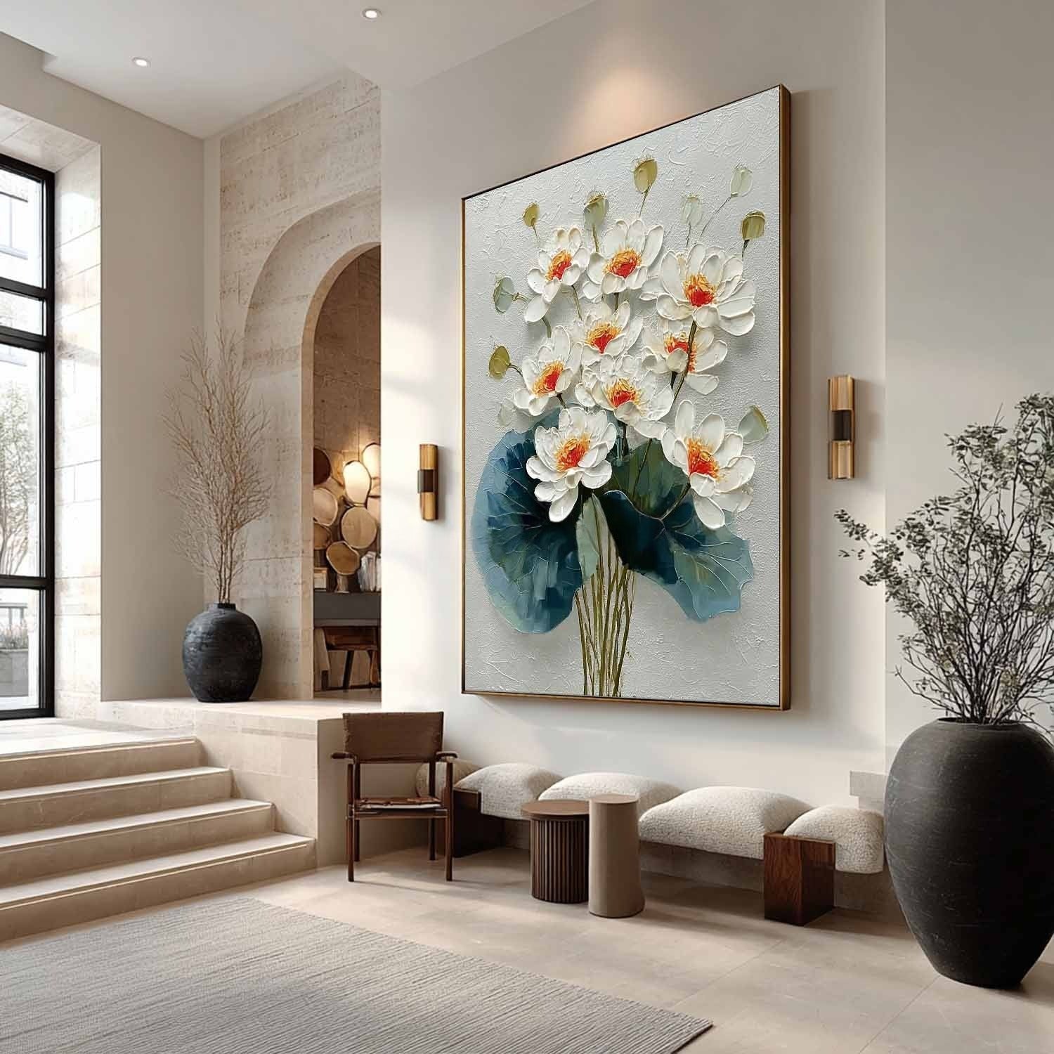 White Lotus Bouquet Impasto Painting - Neutralighting
