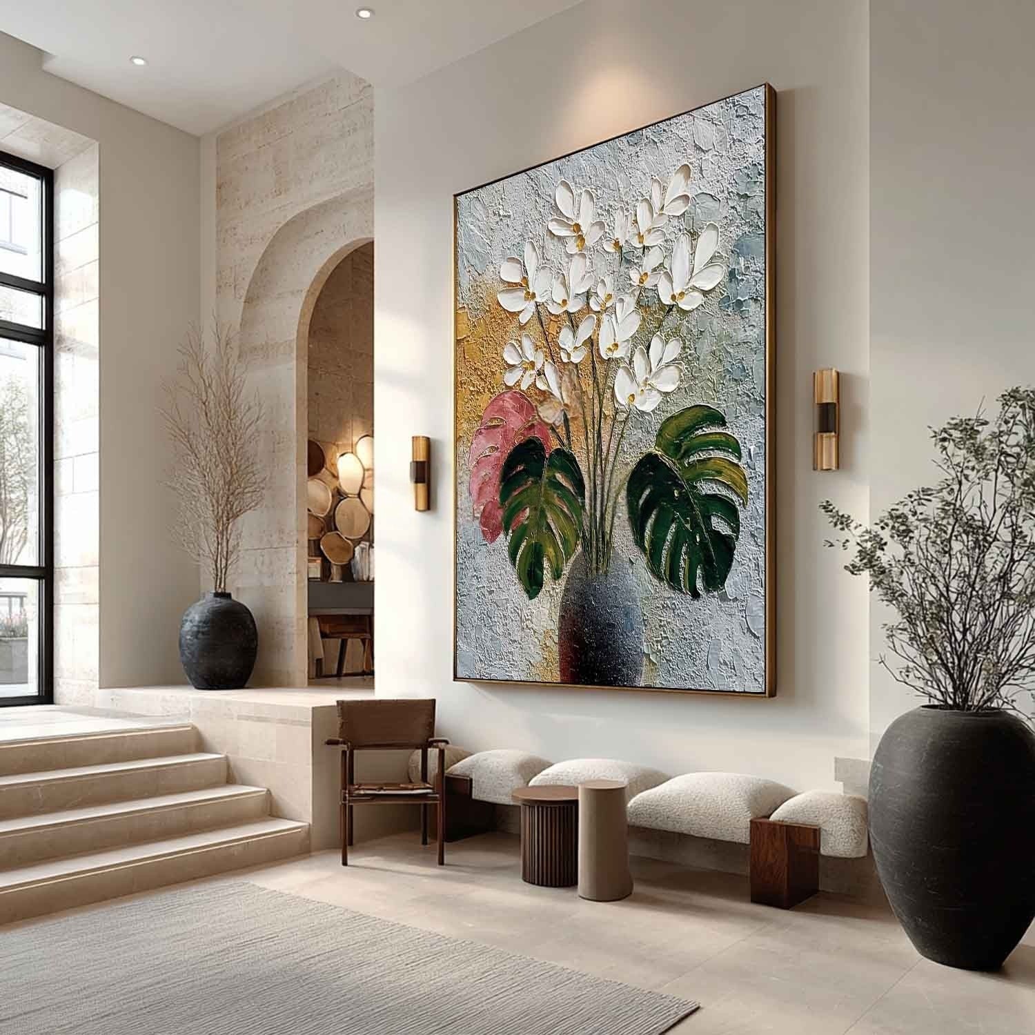 White Blossoms Monstera Impasto Painting - Neutralighting