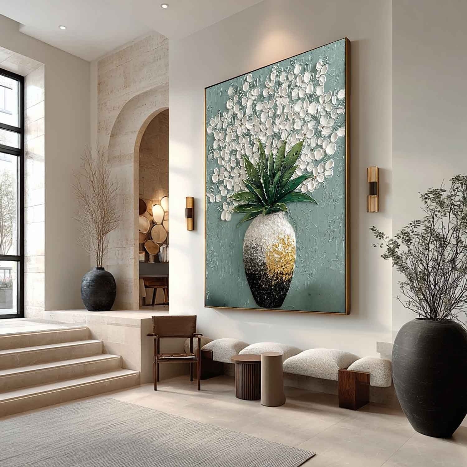 White Blossoms Ombre Vase Impasto Painting - Neutralighting