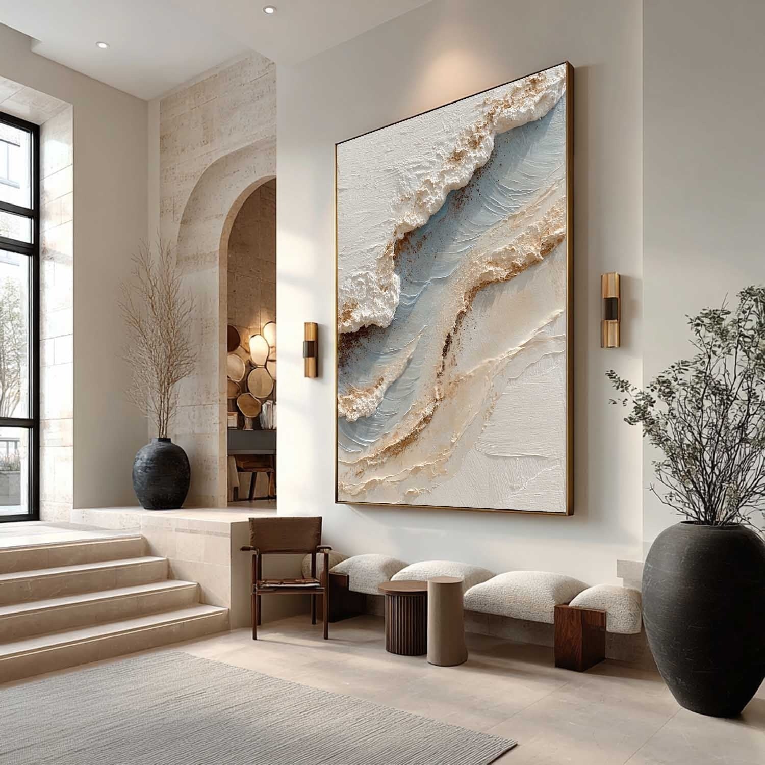Wall Art Abstract Coastal Wave Beige Blue - Neutralighting