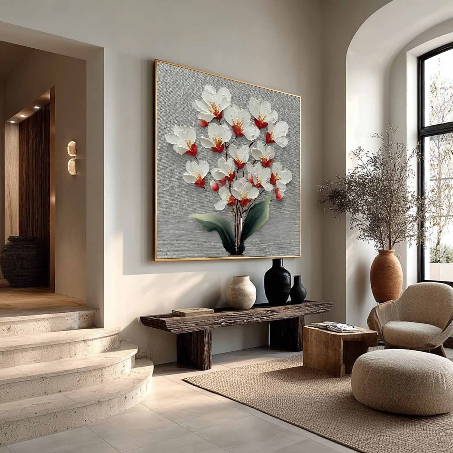 White Cherry Blossom 3D Textured Painting - Neutralighting