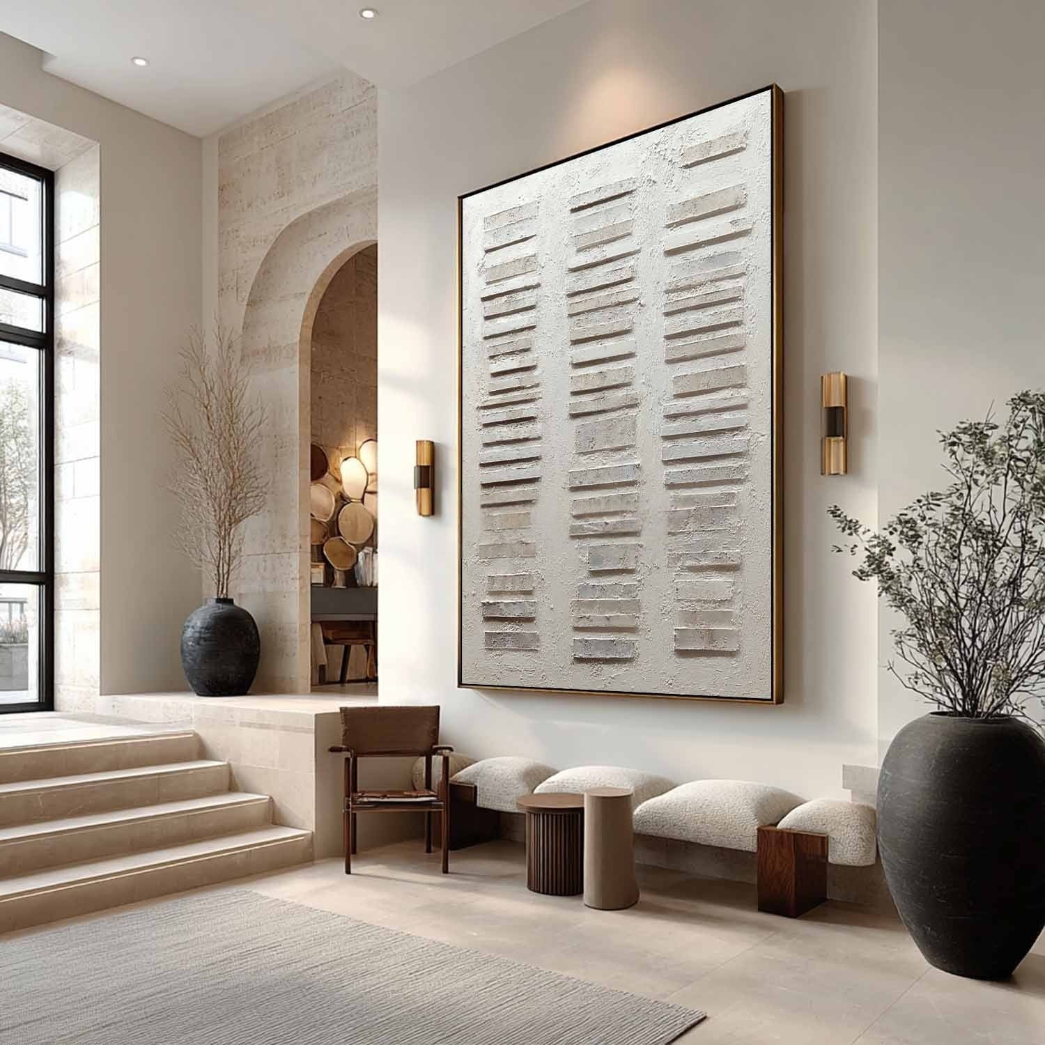 Wall Art Vertical Textured Abstract Striped Scene Serene Neutral - Neutralighting