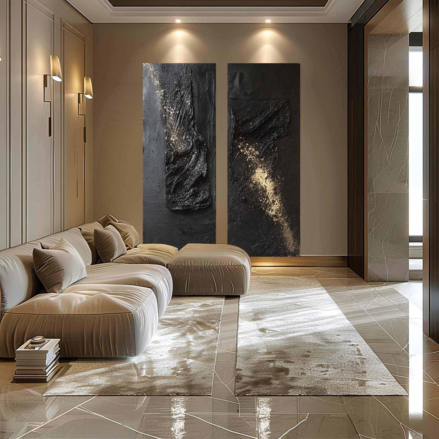 Wall Art Diptych Textured Abstract Wave Scene Luxe - Neutralighting