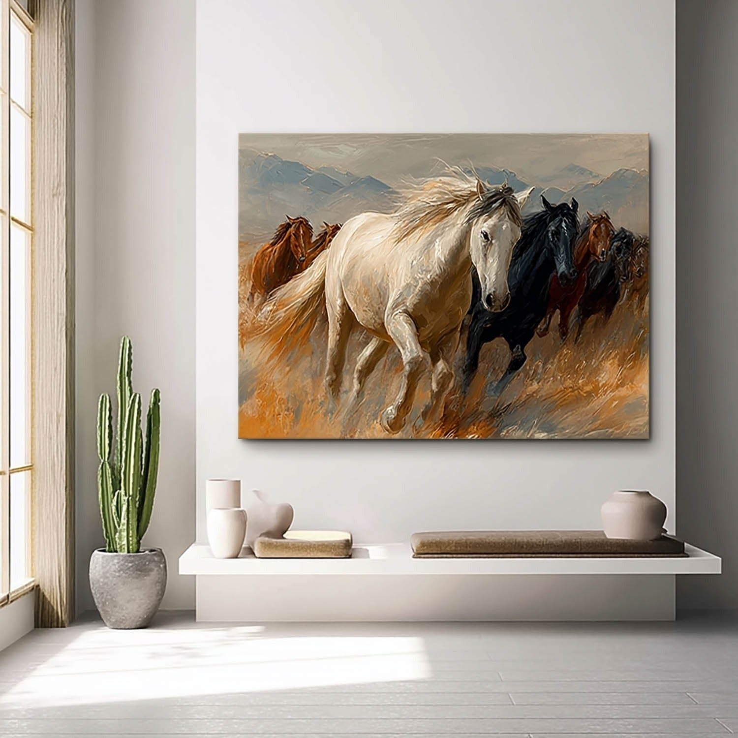Wall Art Panoramic Realist Wild Horse Scene Warm - Neutralighting