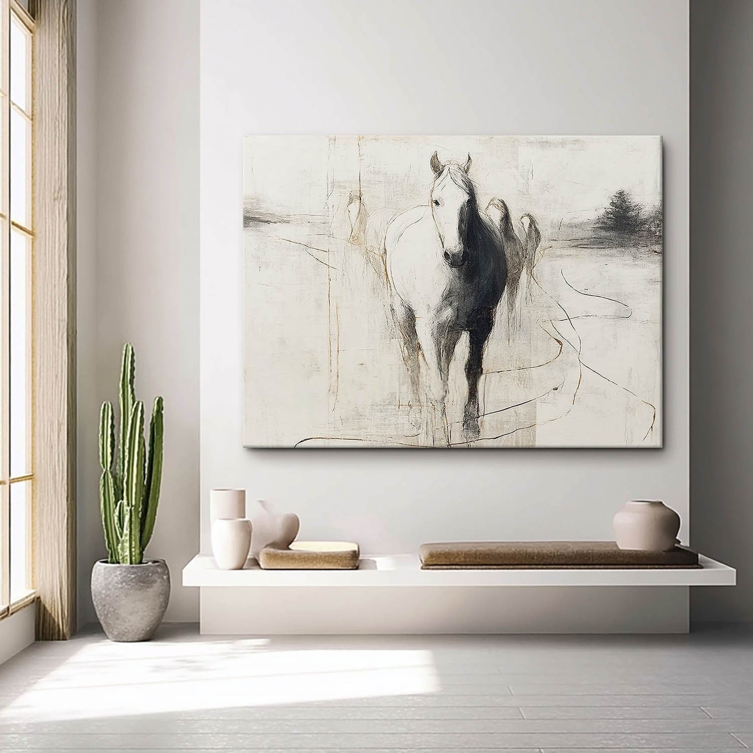 Wall Art Panoramic Abstract Horse Scene Minimalist - Neutralighting