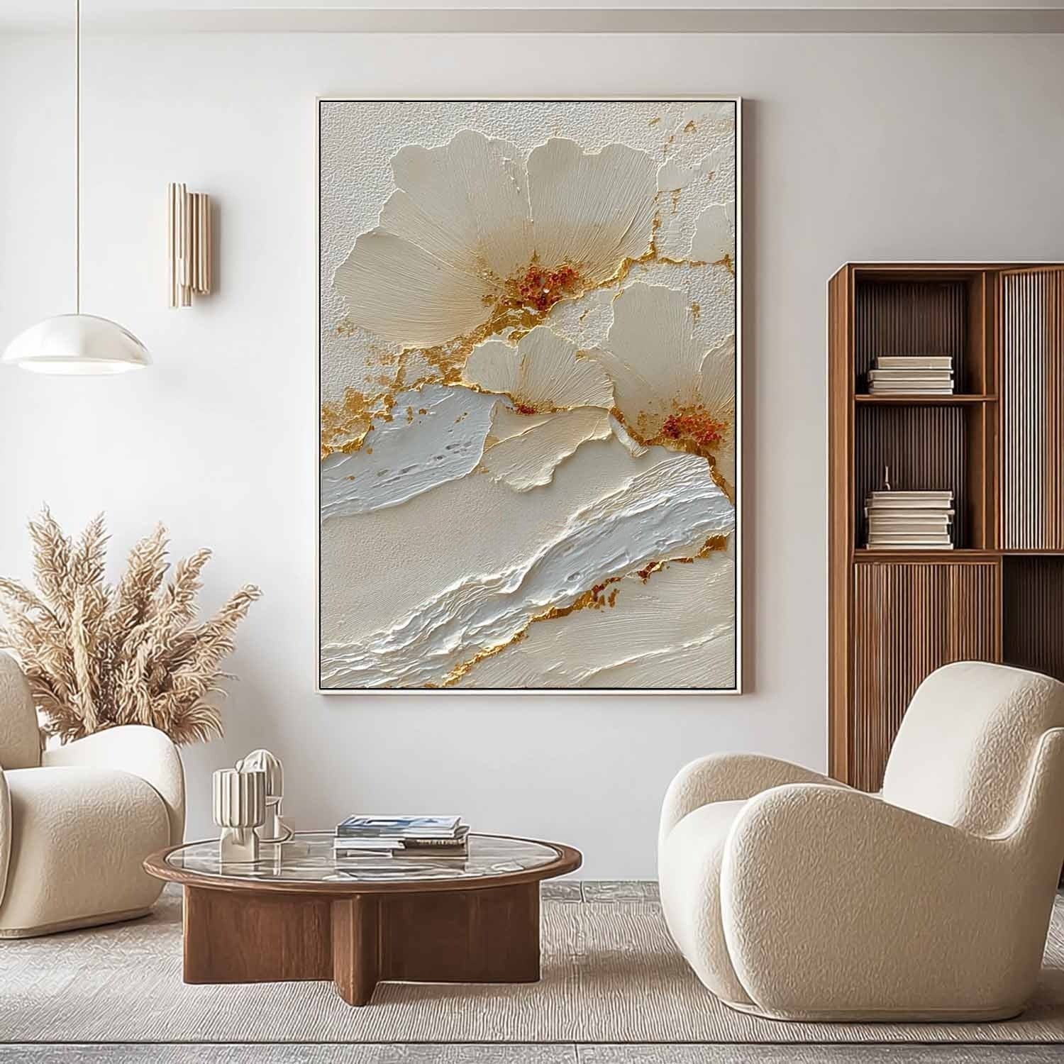 Wall Art Cream Floral Gold Kintsugi Textured - Neutralighting