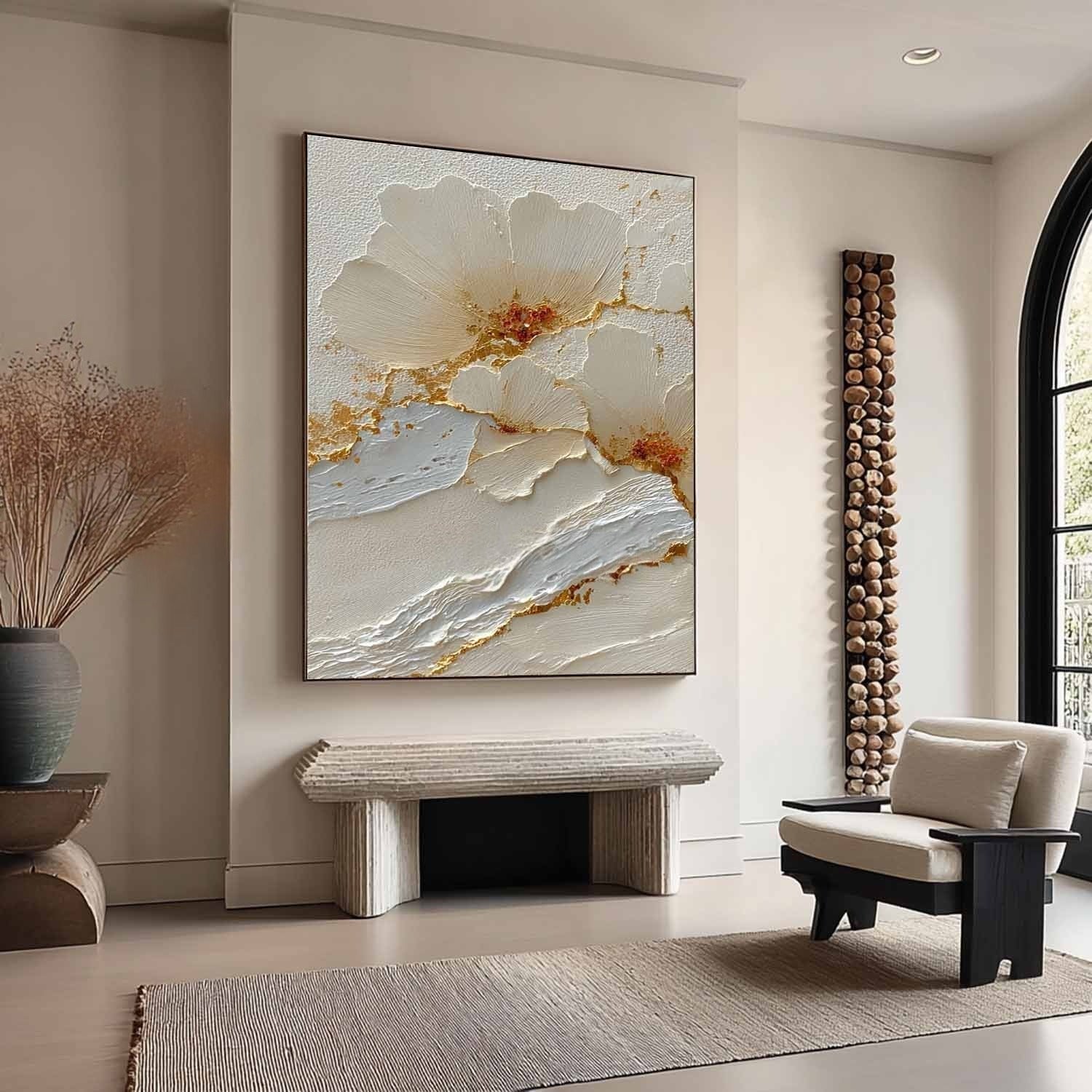 Wall Art Cream Floral Gold Kintsugi Textured - Neutralighting