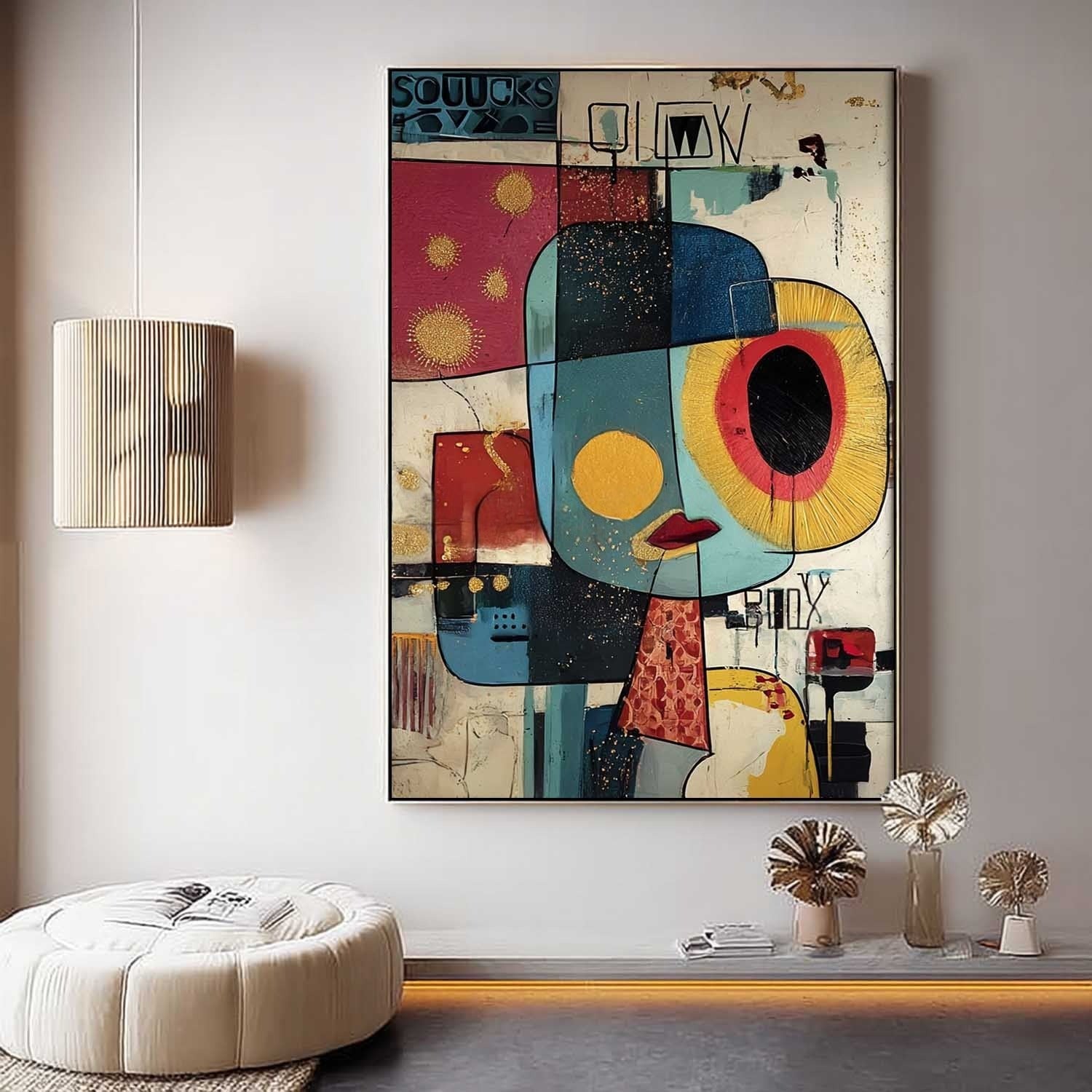 Wall Art Cubist Face Abstract Gold Oil Painting - Neutralighting