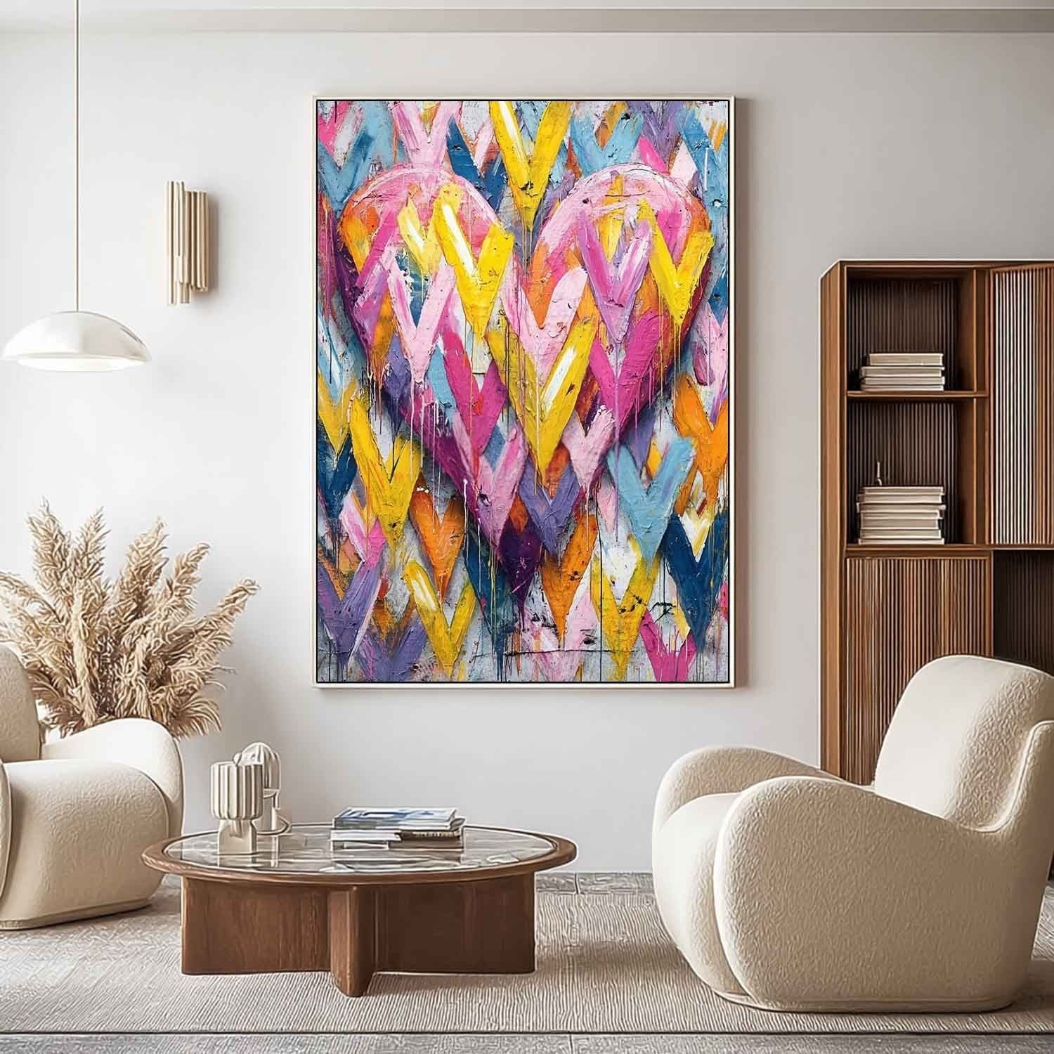 Vibrant Chevron Double Heart Impasto Painting - Neutralighting