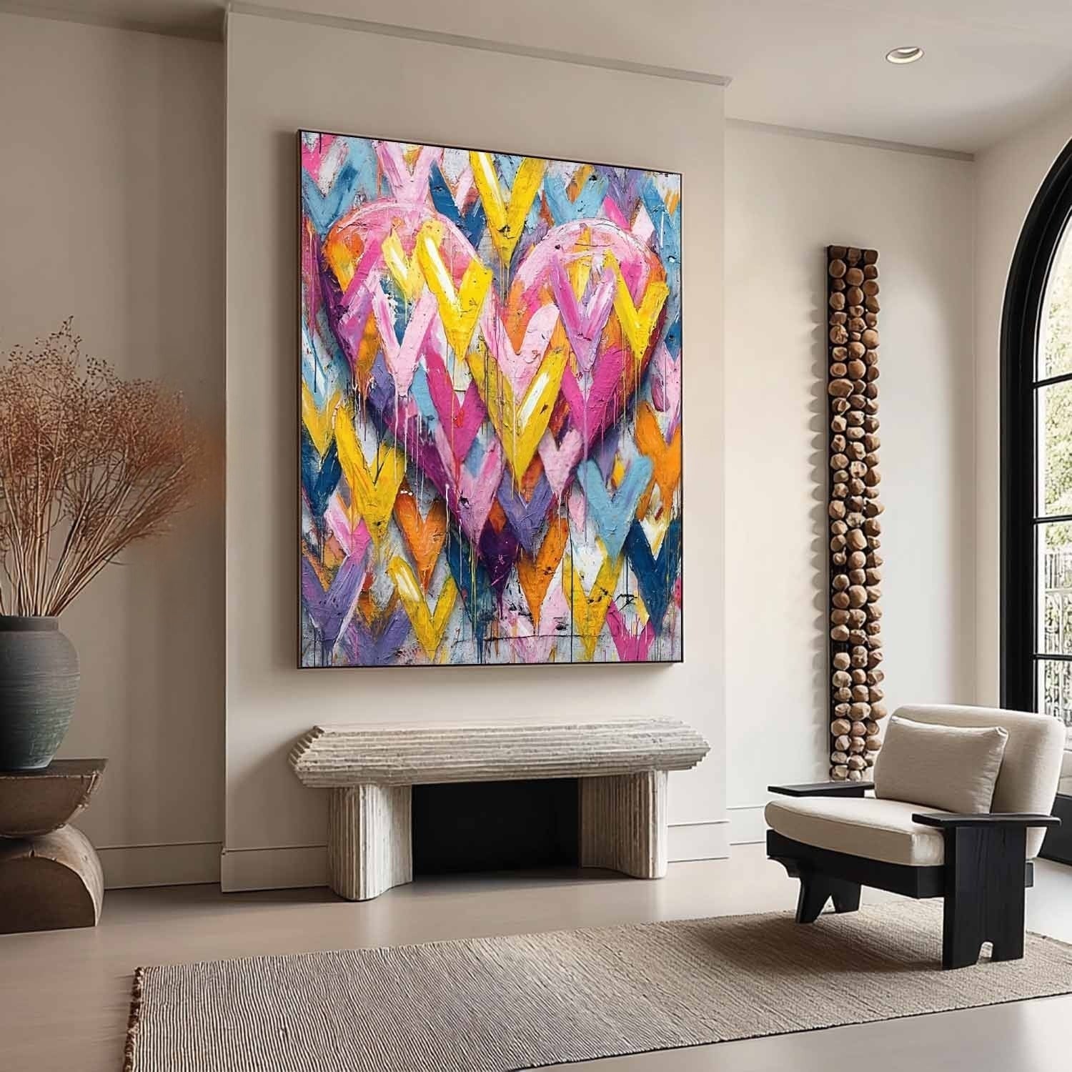 Vibrant Chevron Double Heart Impasto Painting - Neutralighting