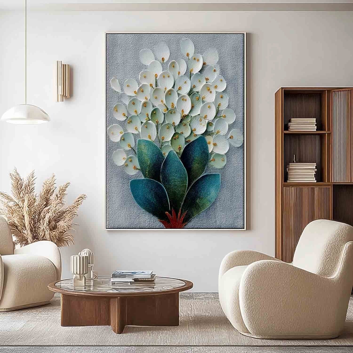 3D White Floral Bouquet Textured Painting - Neutralighting