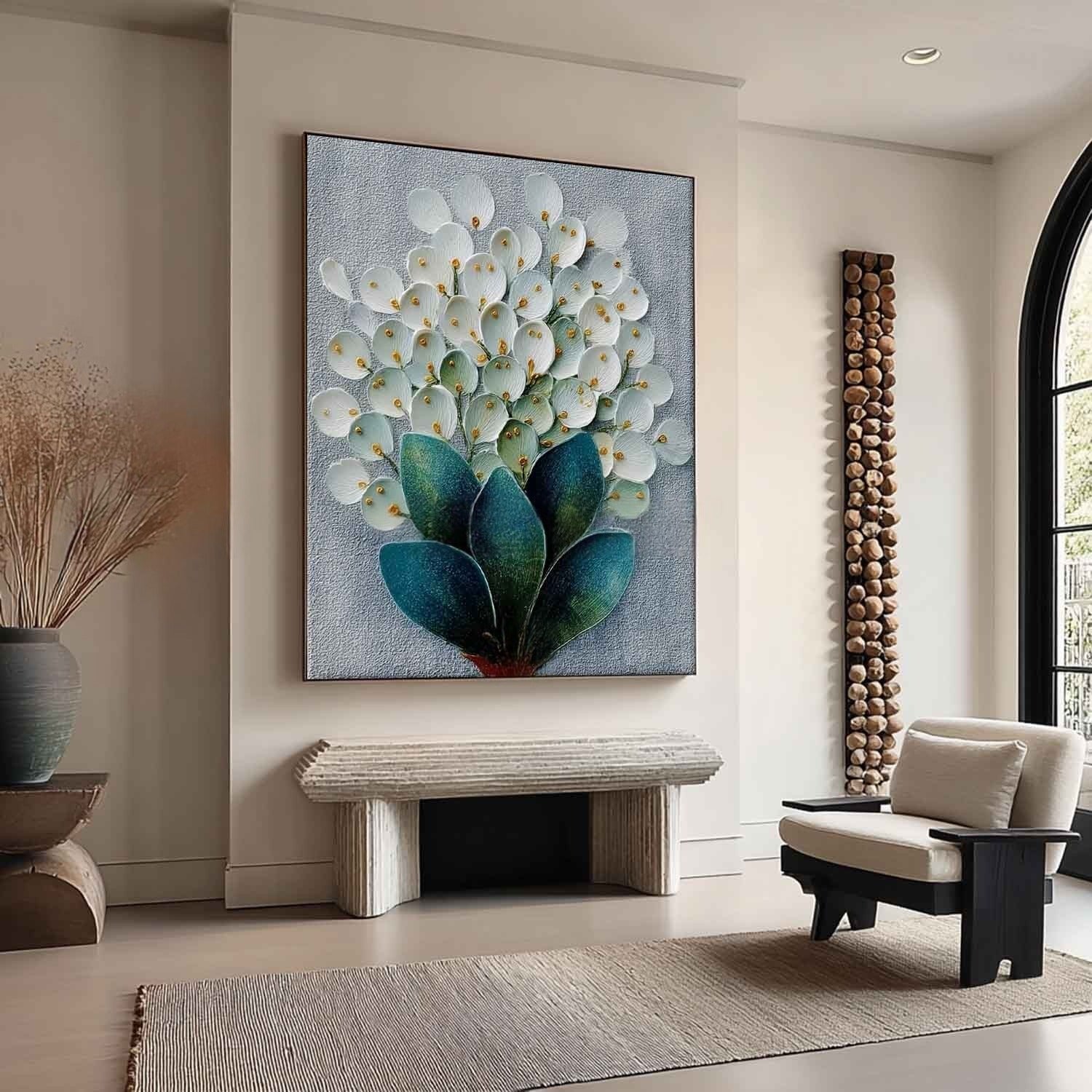 3D White Floral Bouquet Textured Painting - Neutralighting
