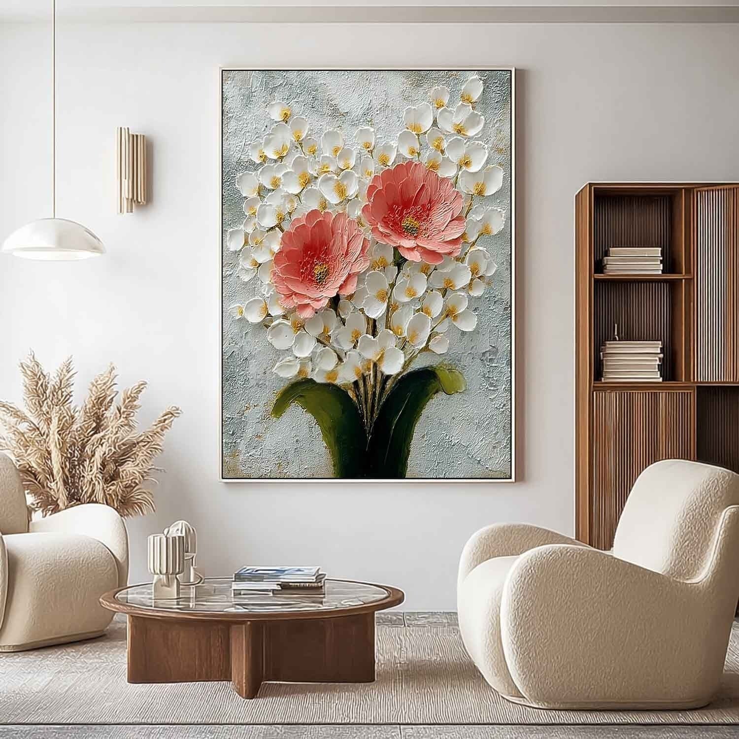 Wall Art Pink Peony White Blossom Floral Painting - Neutralighting