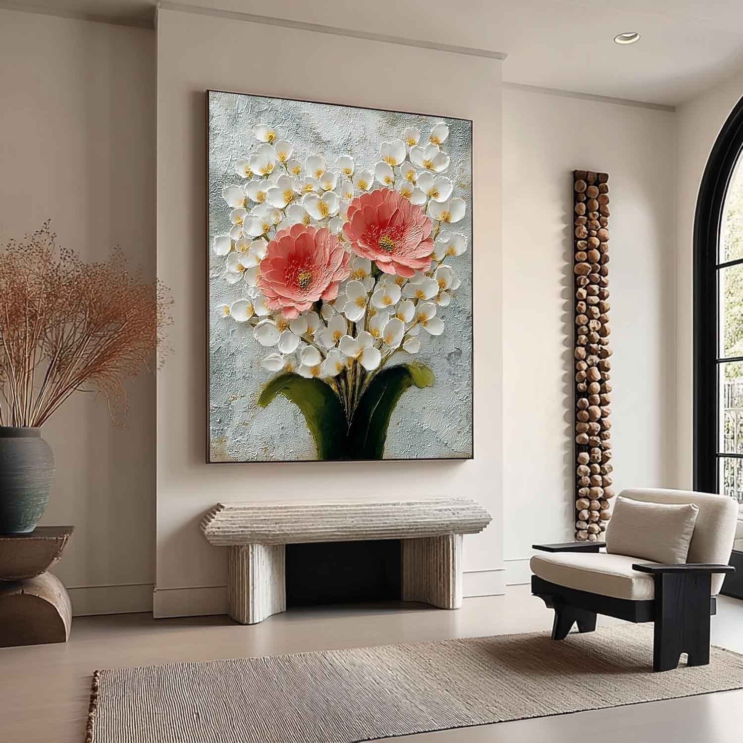 Wall Art Pink Peony White Blossom Floral Painting - Neutralighting