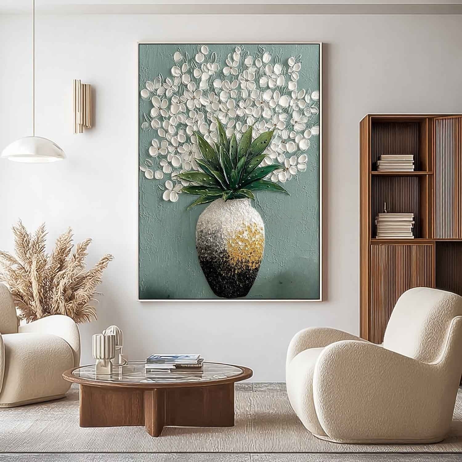 White Blossoms Ombre Vase Impasto Painting - Neutralighting