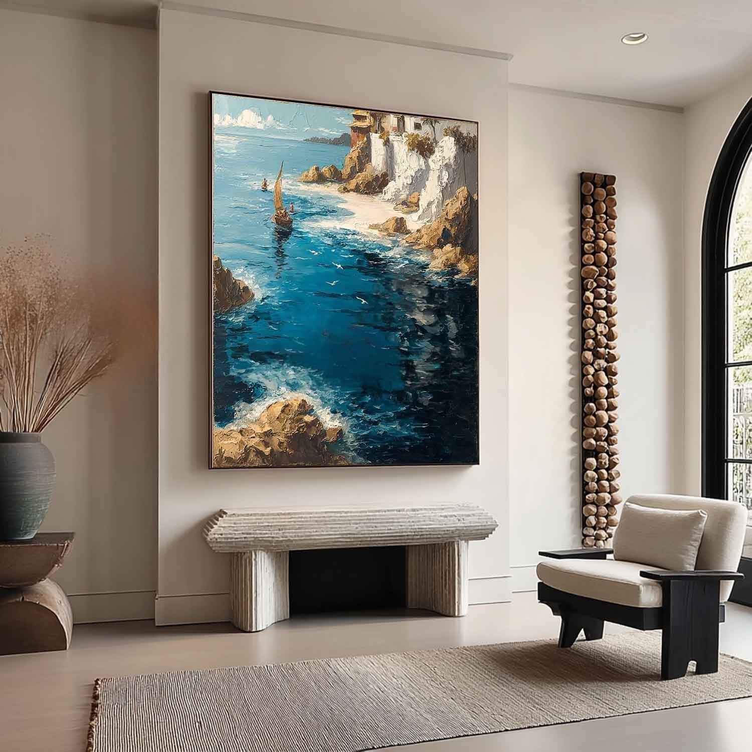 Wall Art Mediterranean Coastal Village Sailboat - Neutralighting