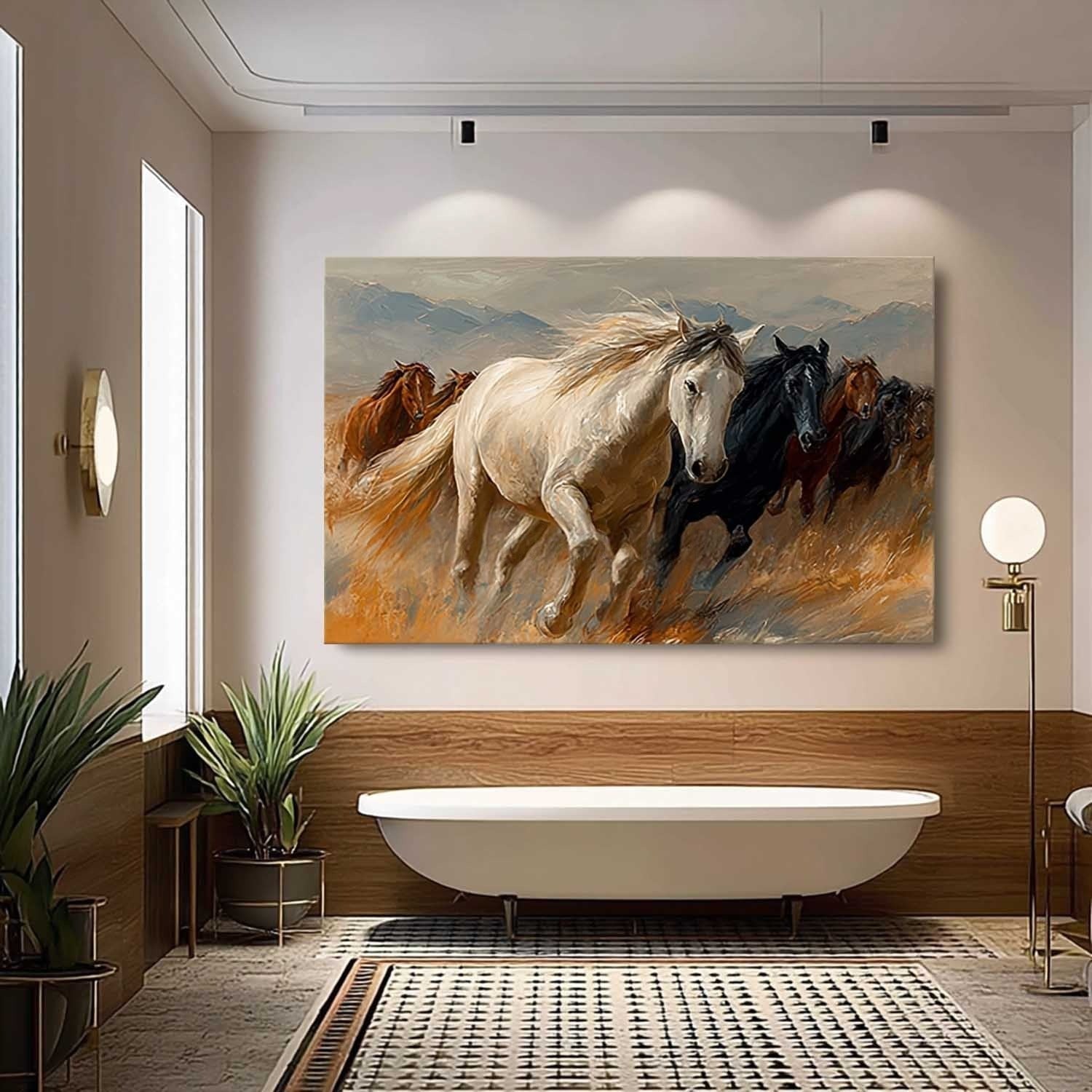 Wall Art Panoramic Realist Wild Horse Scene Warm - Neutralighting