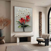 White Blossoms Red 3D Textured Painting - Neutralighting