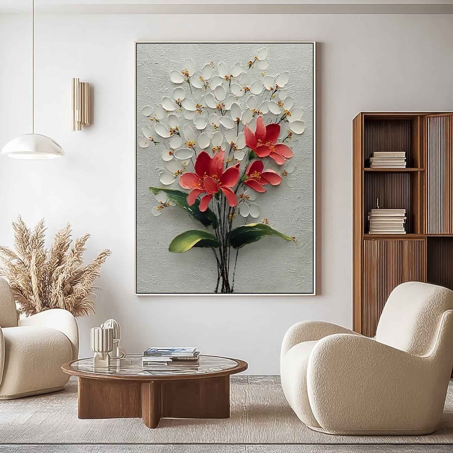 White Blossoms Red 3D Textured Painting - Neutralighting