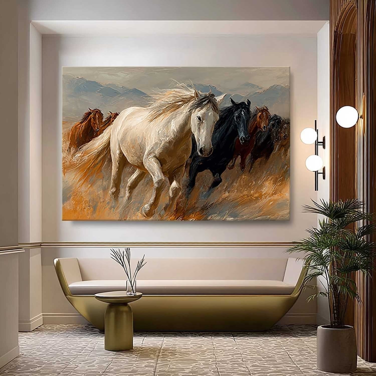 Wall Art Panoramic Realist Wild Horse Scene Warm - Neutralighting