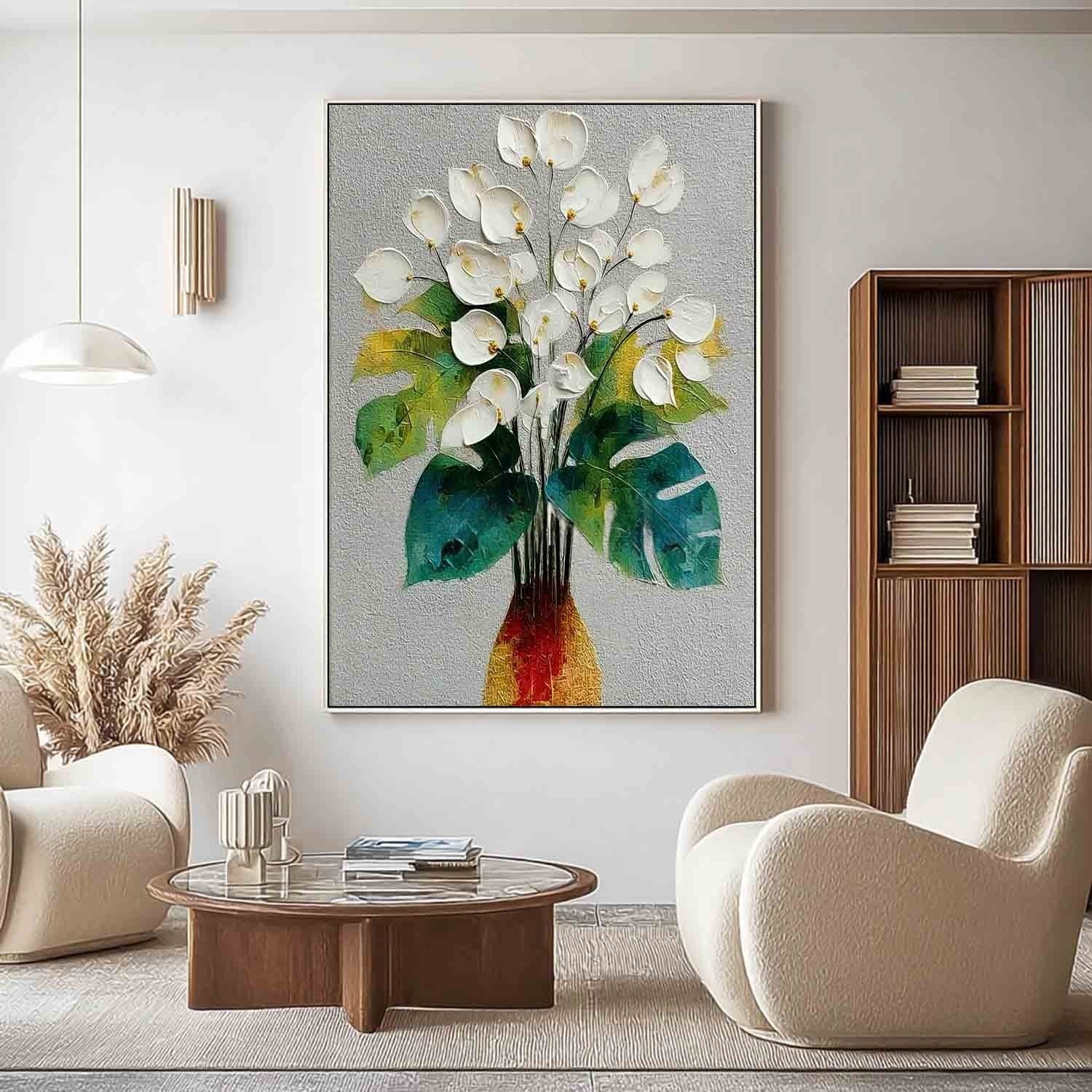 White Calla Lily Monstera Impasto Painting - Neutralighting