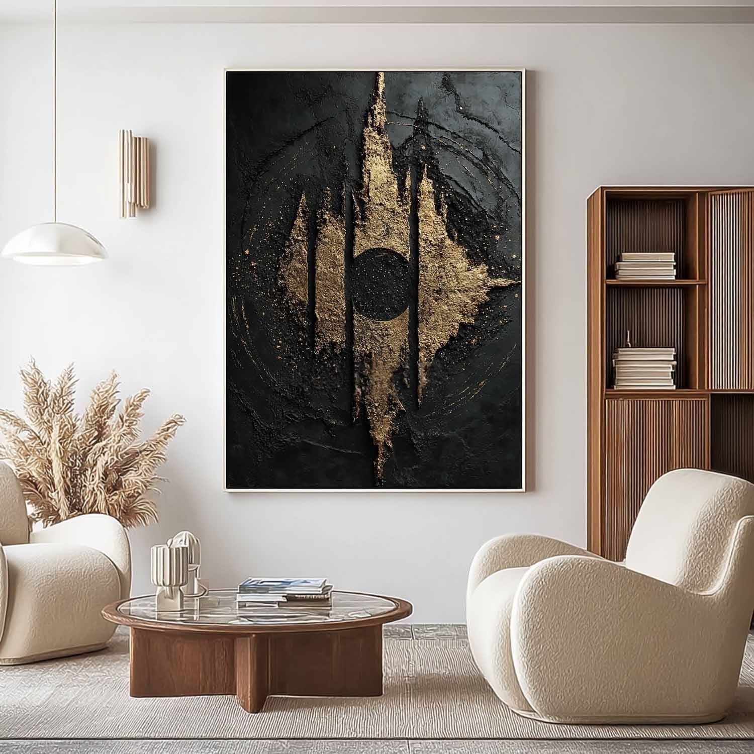 Wall Art Abstract Black Gold Modern Palette Knife - Neutralighting