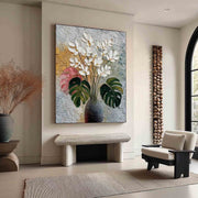 White Blossoms Monstera Impasto Painting - Neutralighting