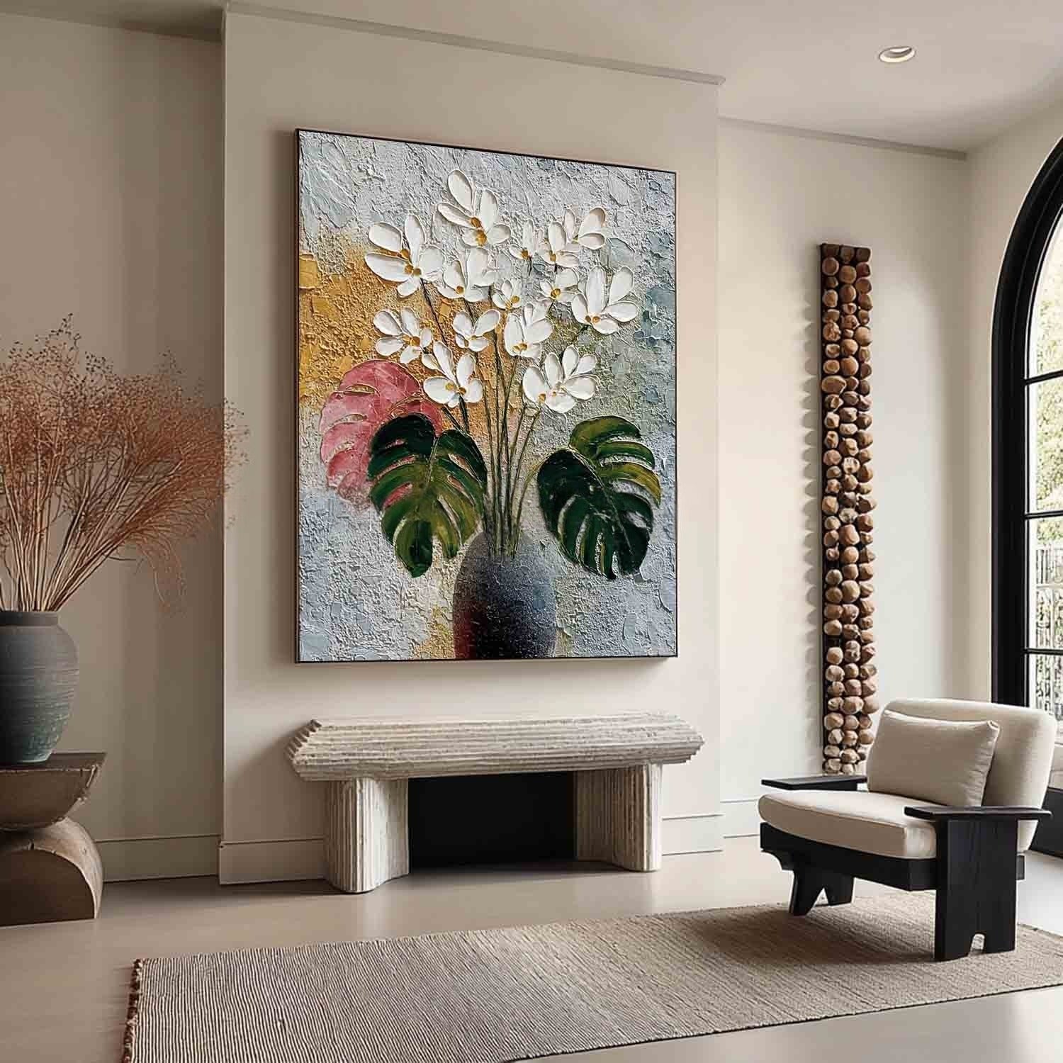 White Blossoms Monstera Impasto Painting - Neutralighting