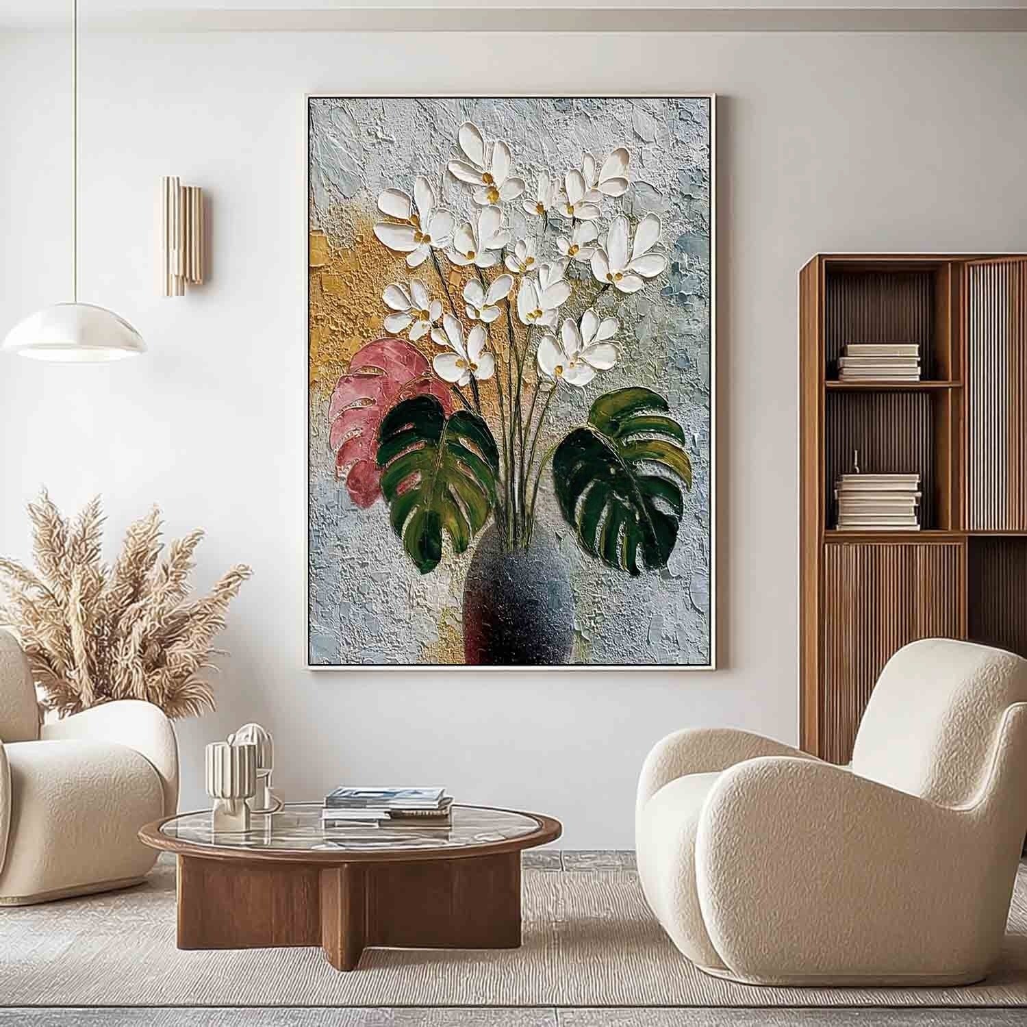 White Blossoms Monstera Impasto Painting - Neutralighting