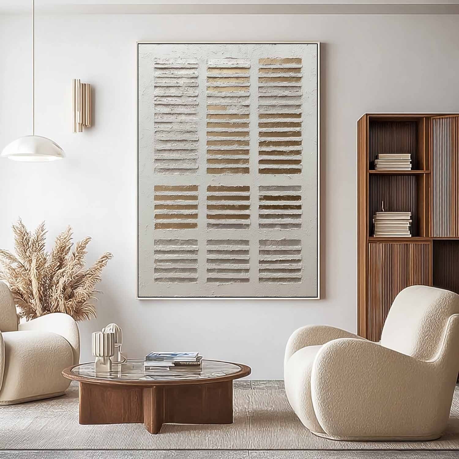 Wall Art Minimalist Grid Beige Gold Textured - Neutralighting