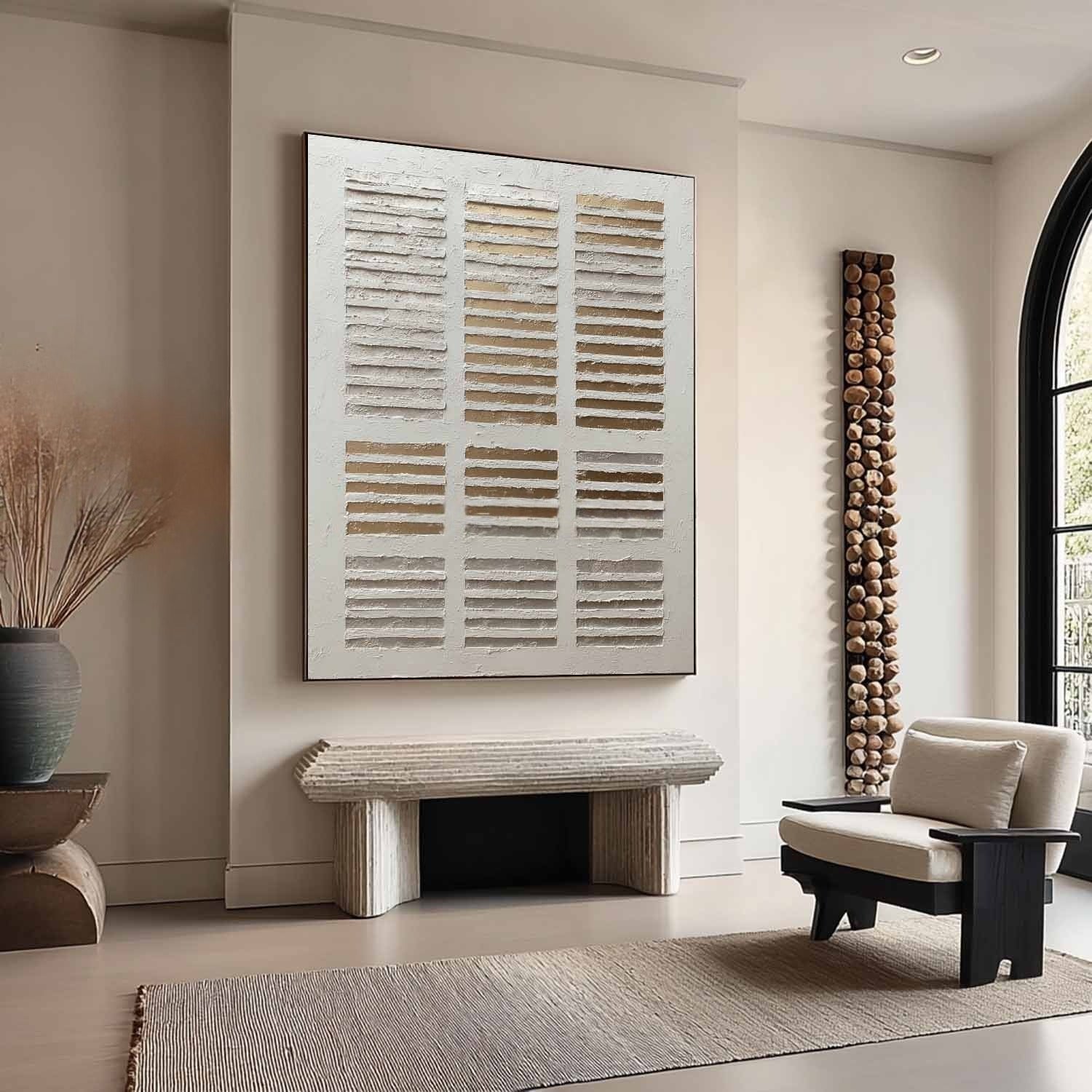 Wall Art Minimalist Grid Beige Gold Textured - Neutralighting