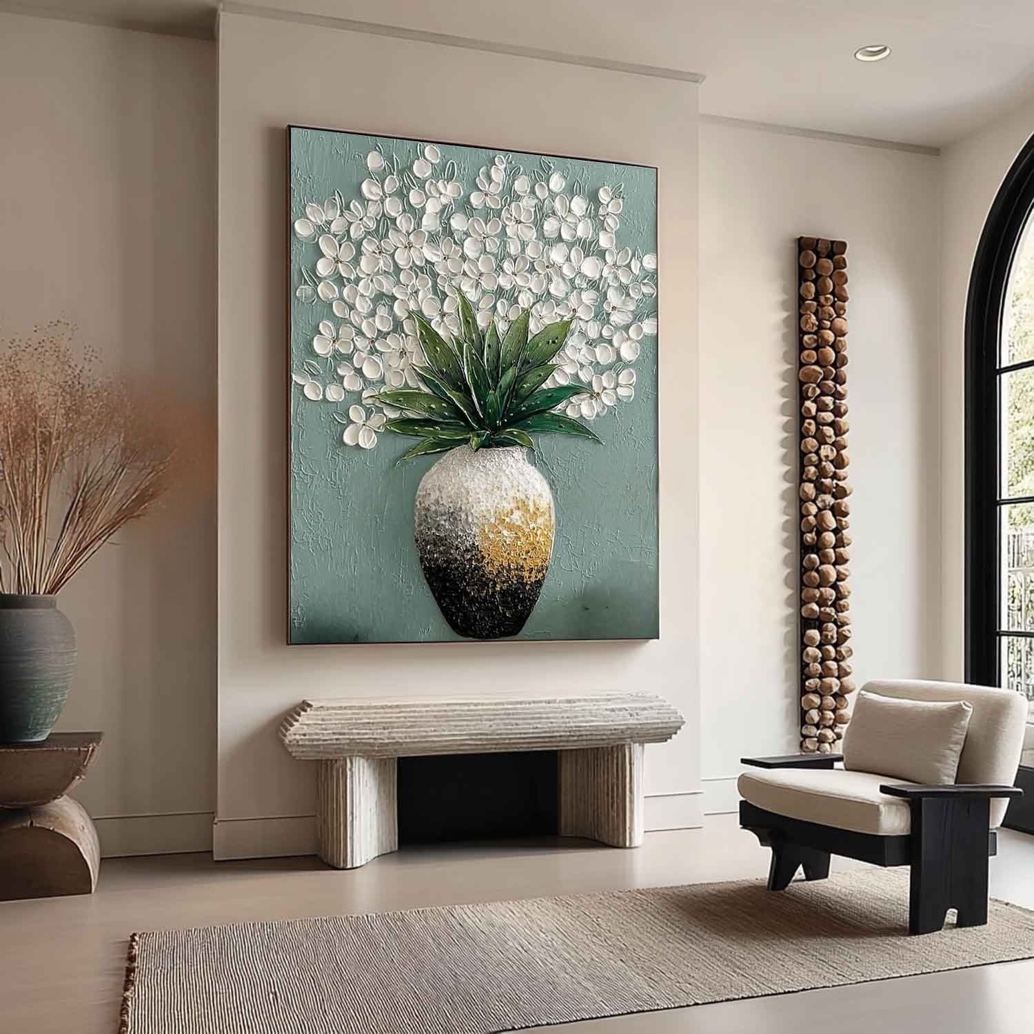 White Blossoms Ombre Vase Impasto Painting - Neutralighting