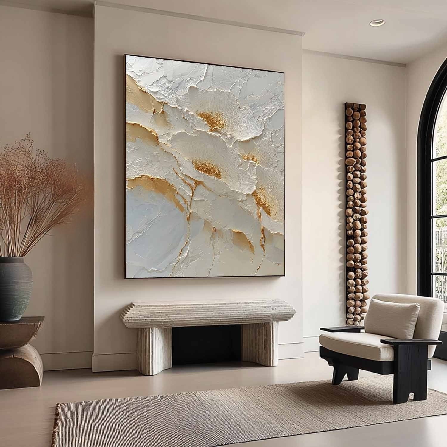 Wall Art Abstract Floral White Gold Palette - Neutralighting