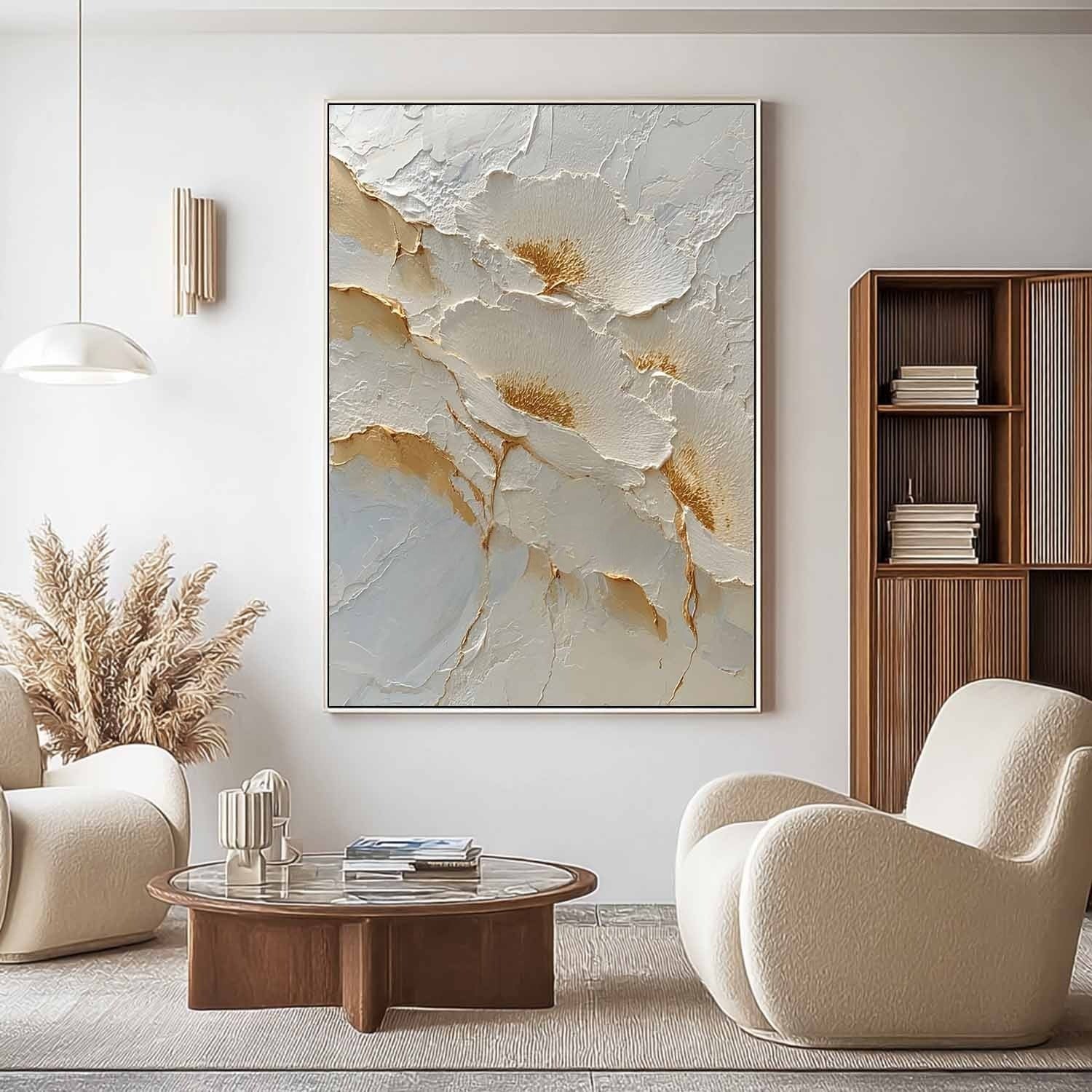 Wall Art Abstract Floral White Gold Palette - Neutralighting