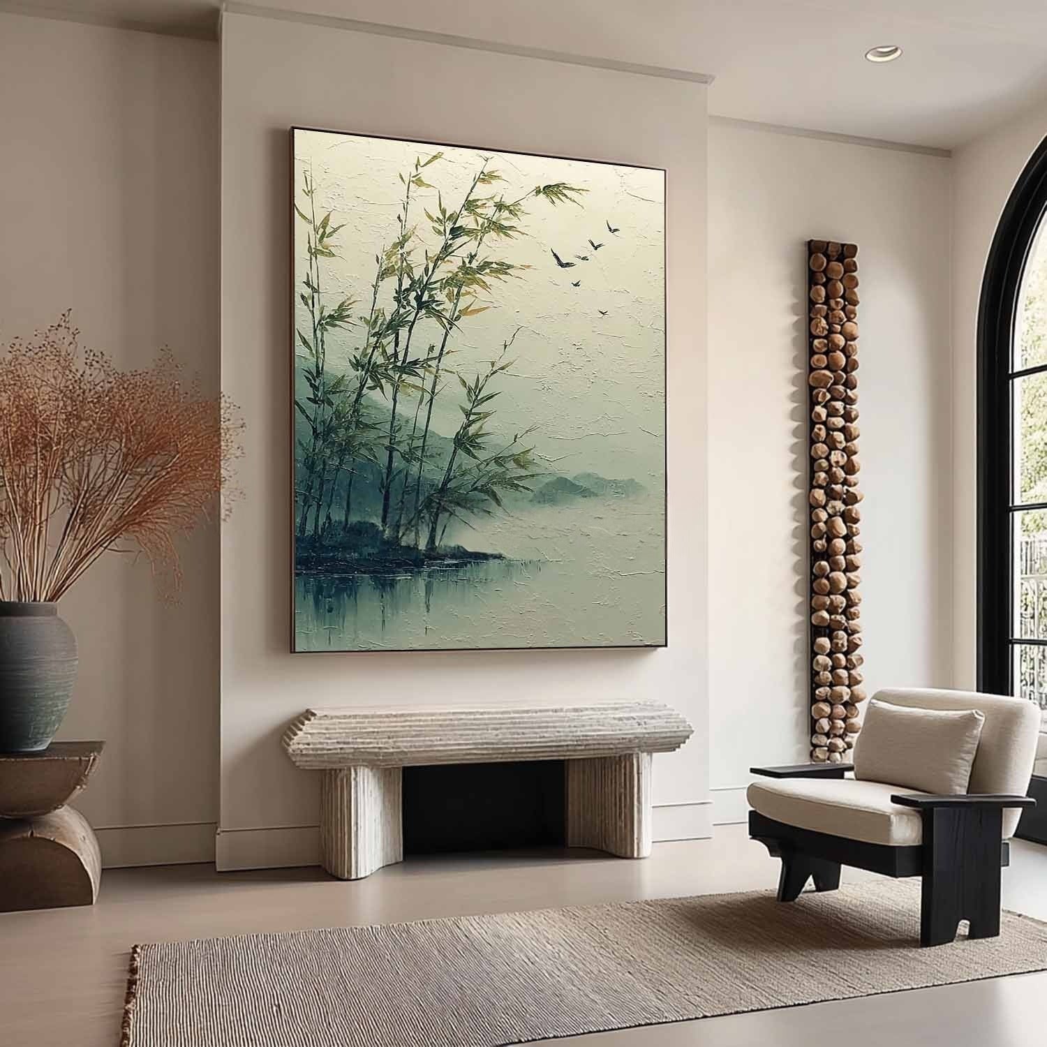 Misty Lakeside Bamboo 3D Impasto Painting - Neutralighting