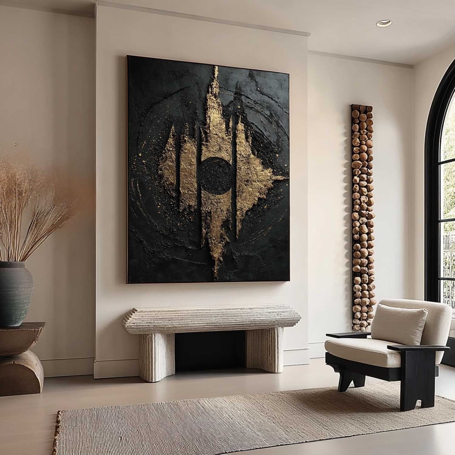 Wall Art Abstract Black Gold Modern Palette Knife - Neutralighting