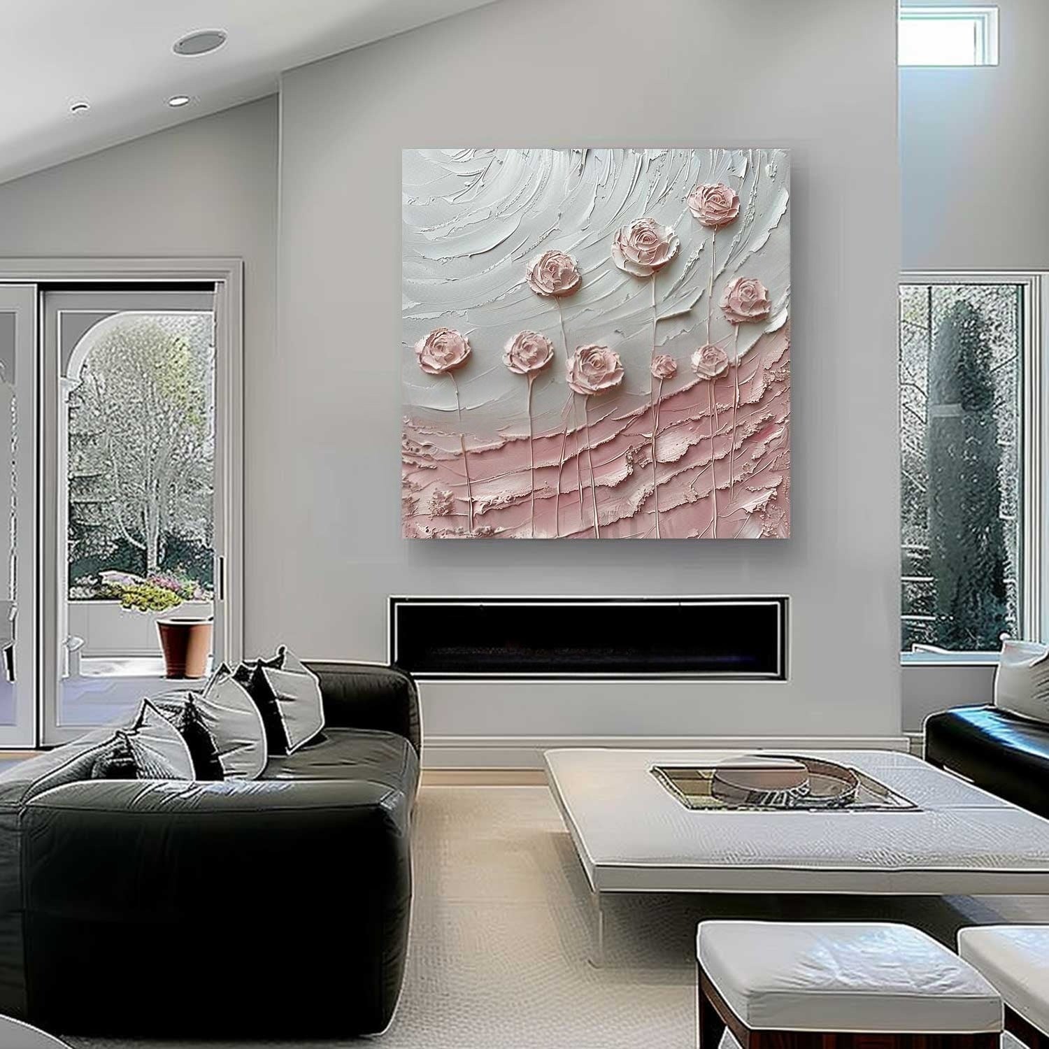 Wall Art Square Pink Rose Floral Painting - Neutralighting