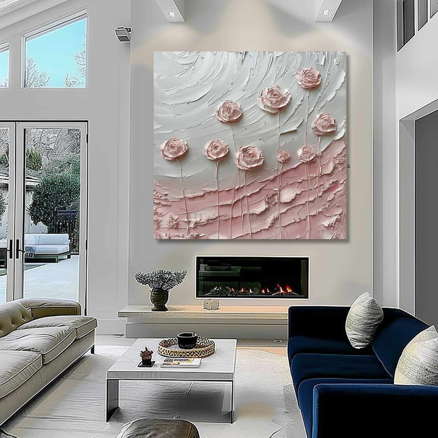 Wall Art Square Pink Rose Floral Painting - Neutralighting