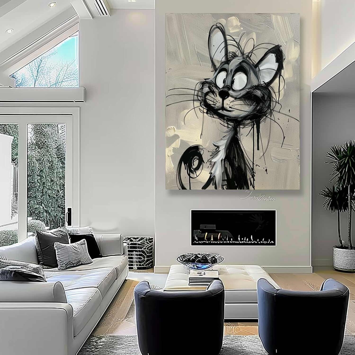 Wall Art Cartoon Cat Black White Drip Oil Painting - Neutralighting